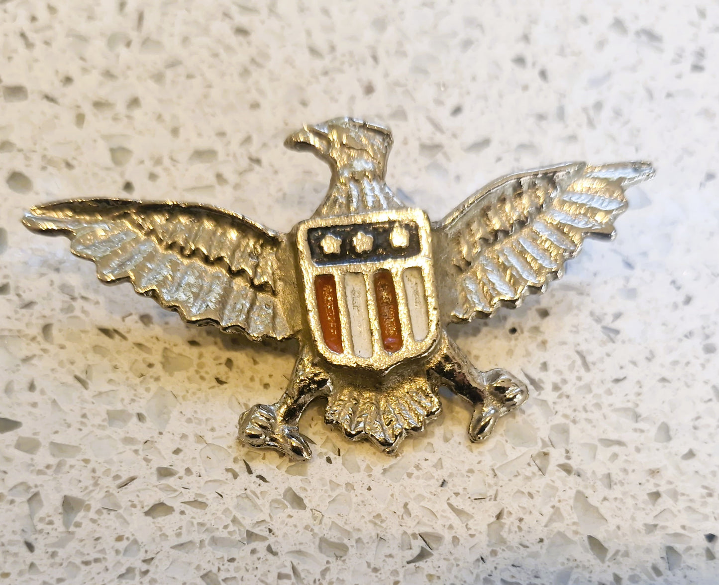 American Eagle Pin Badge, USA, Silver Metal, Shield, Red, White and Blue,