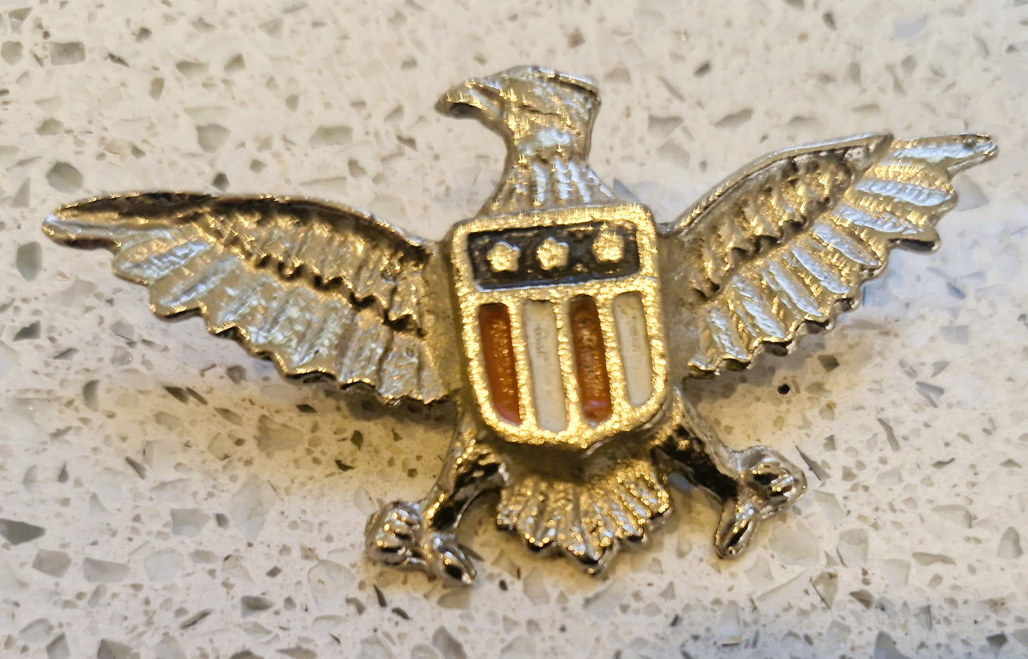 American Eagle Pin Badge, USA, Silver Metal, Shield, Red, White and Blue,