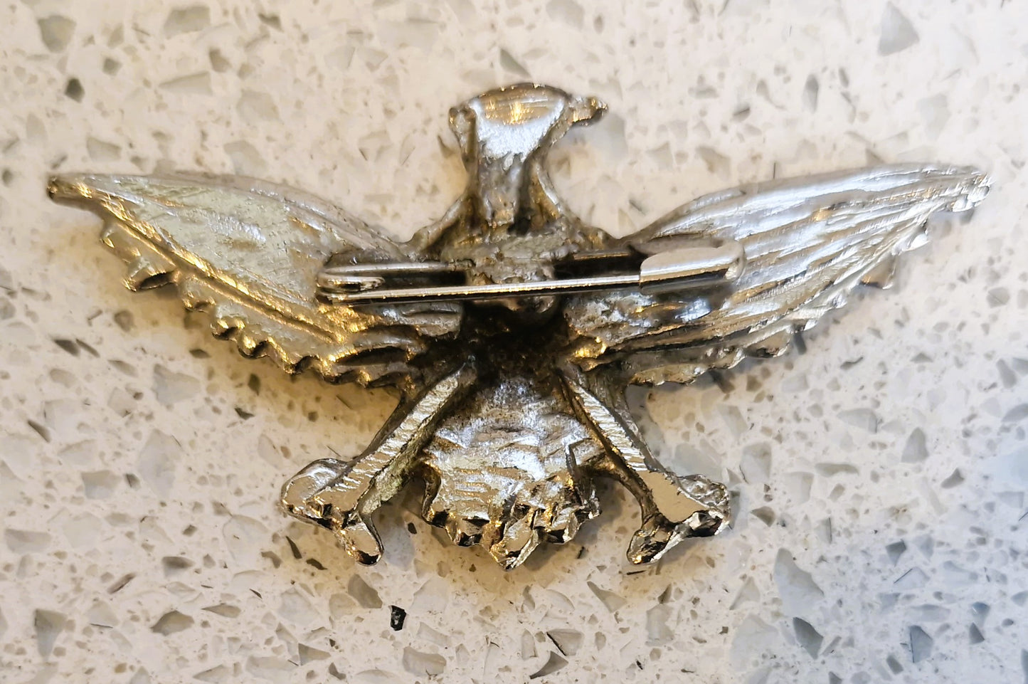 American Eagle Pin Badge, USA, Silver Metal, Shield, Red, White and Blue,