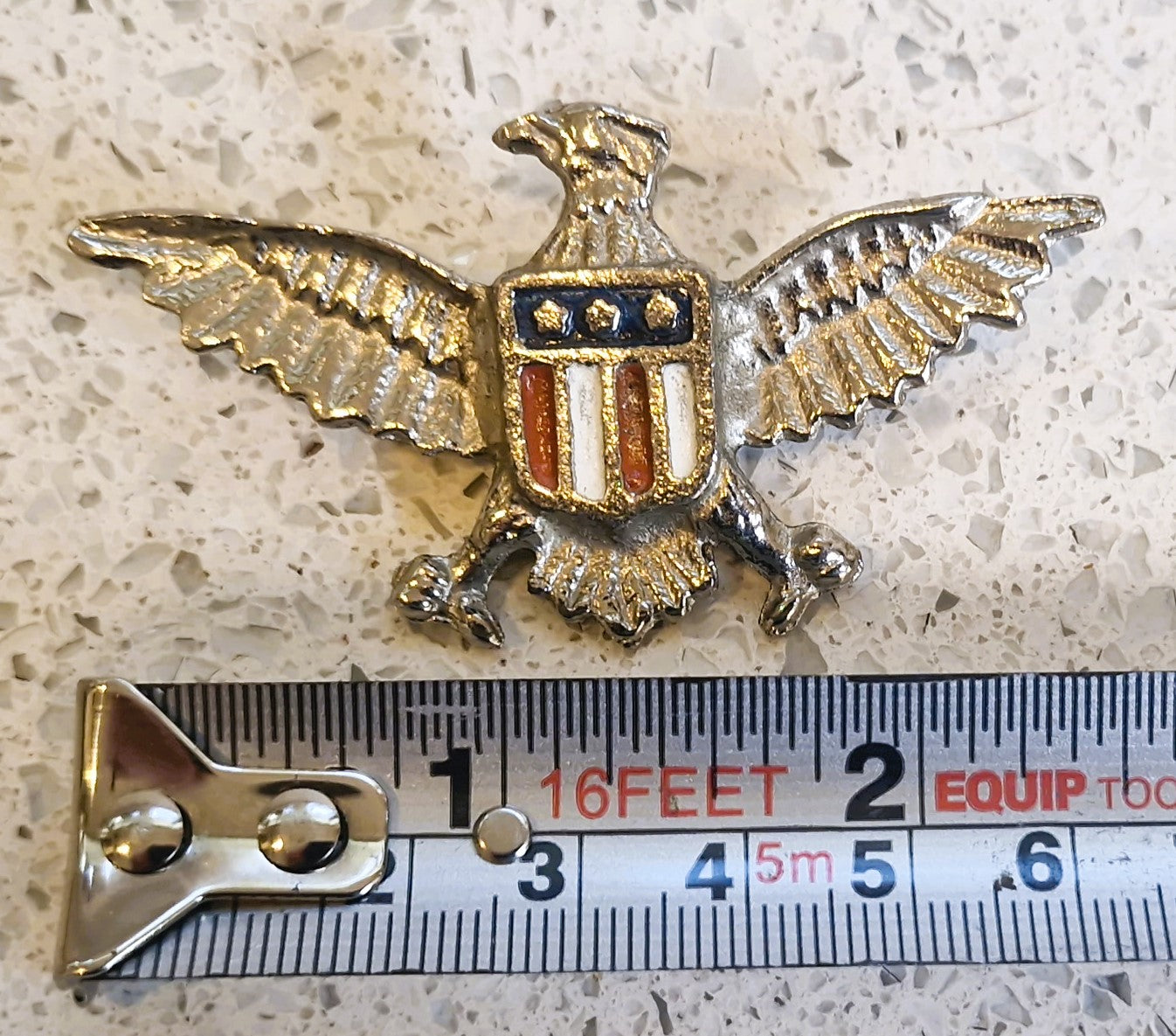 American Eagle Pin Badge, USA, Silver Metal, Shield, Red, White and Blue,