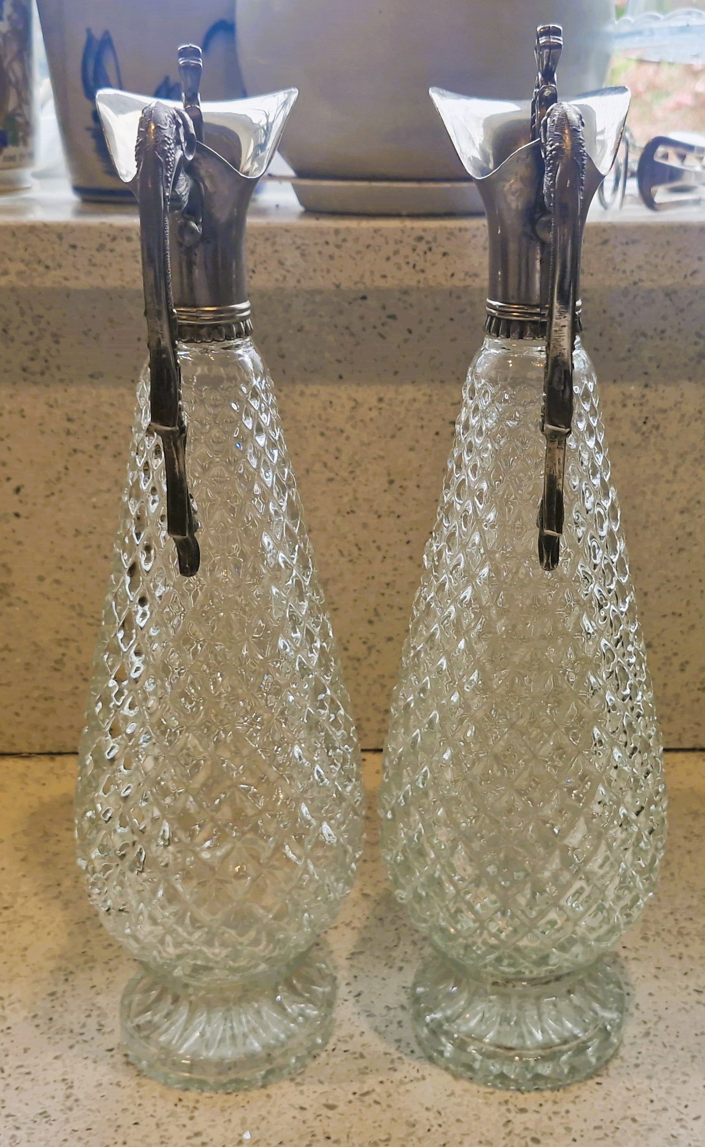 Vintage Cut Glass Wine Decanters: Art Deco Silver Pewter, Matching Pair of WIne Decanters, Italian, Vintage, Rare