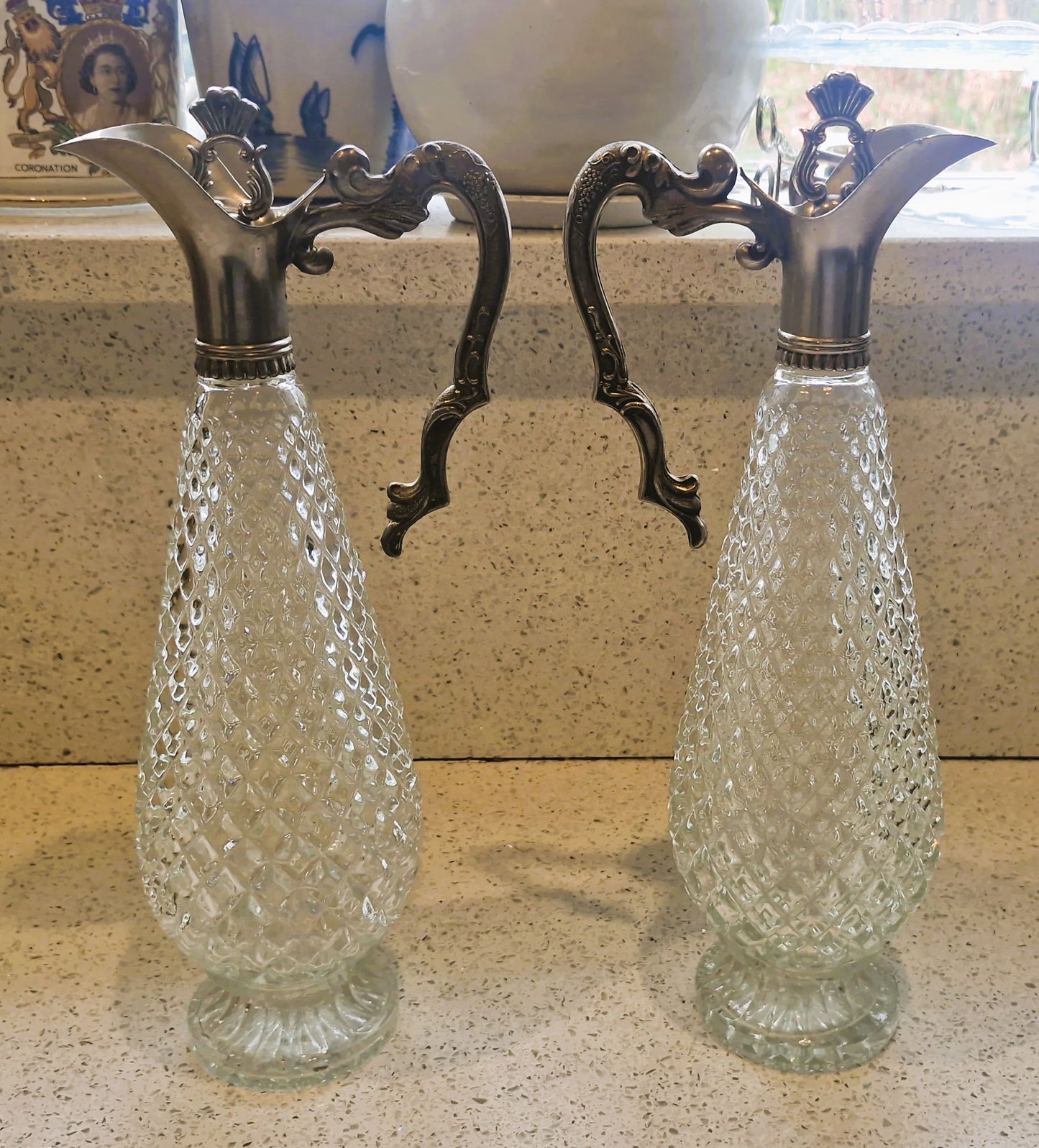 Vintage Cut Glass Wine Decanters: Art Deco Silver Pewter, Matching Pair of WIne Decanters, Italian, Vintage, Rare