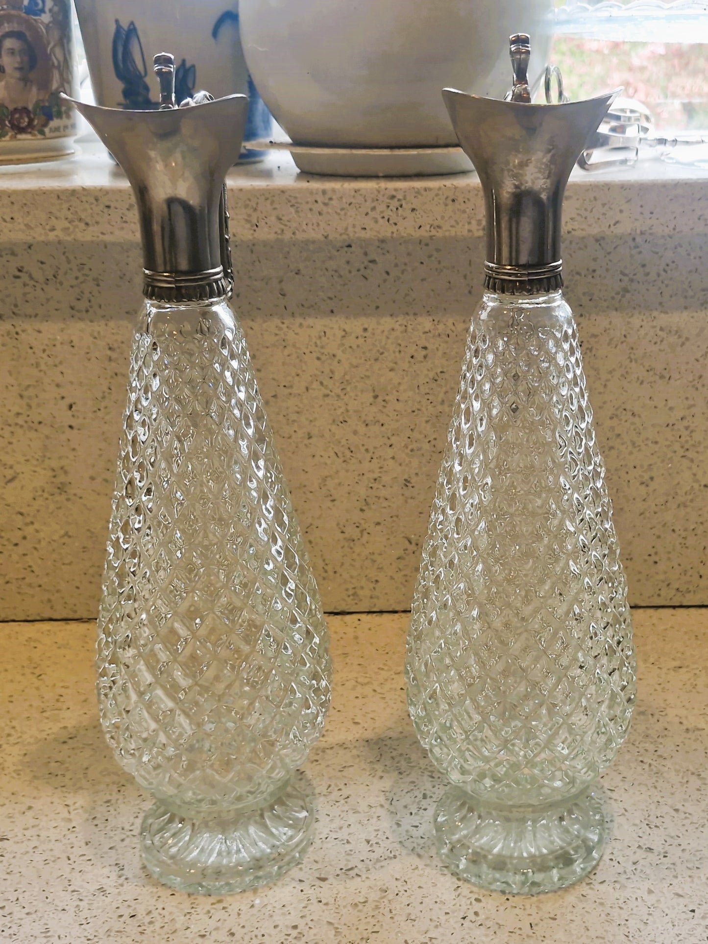 Vintage Cut Glass Wine Decanters: Art Deco Silver Pewter, Matching Pair of WIne Decanters, Italian, Vintage, Rare