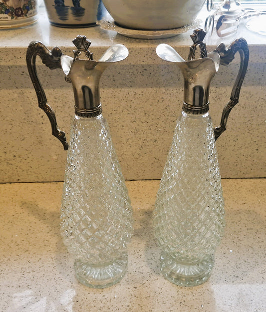 Vintage Cut Glass Wine Decanters: Art Deco Silver Pewter, Matching Pair of WIne Decanters, Italian, Vintage, Rare