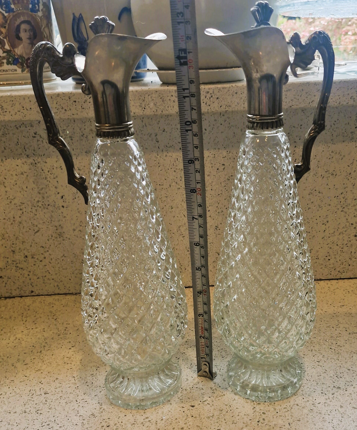 Vintage Cut Glass Wine Decanters: Art Deco Silver Pewter, Matching Pair of WIne Decanters, Italian, Vintage, Rare