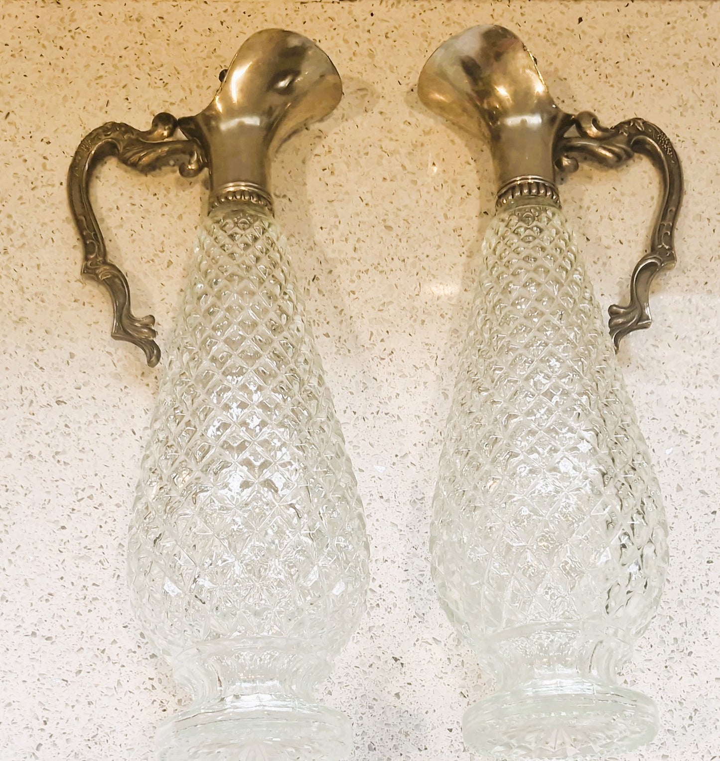 Vintage Cut Glass Wine Decanters: Art Deco Silver Pewter, Matching Pair of WIne Decanters, Italian, Vintage, Rare