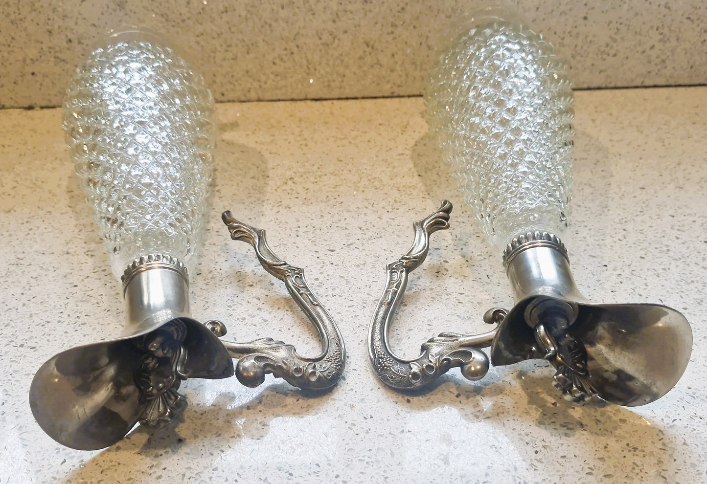 Vintage Cut Glass Wine Decanters: Art Deco Silver Pewter, Matching Pair of WIne Decanters, Italian, Vintage, Rare