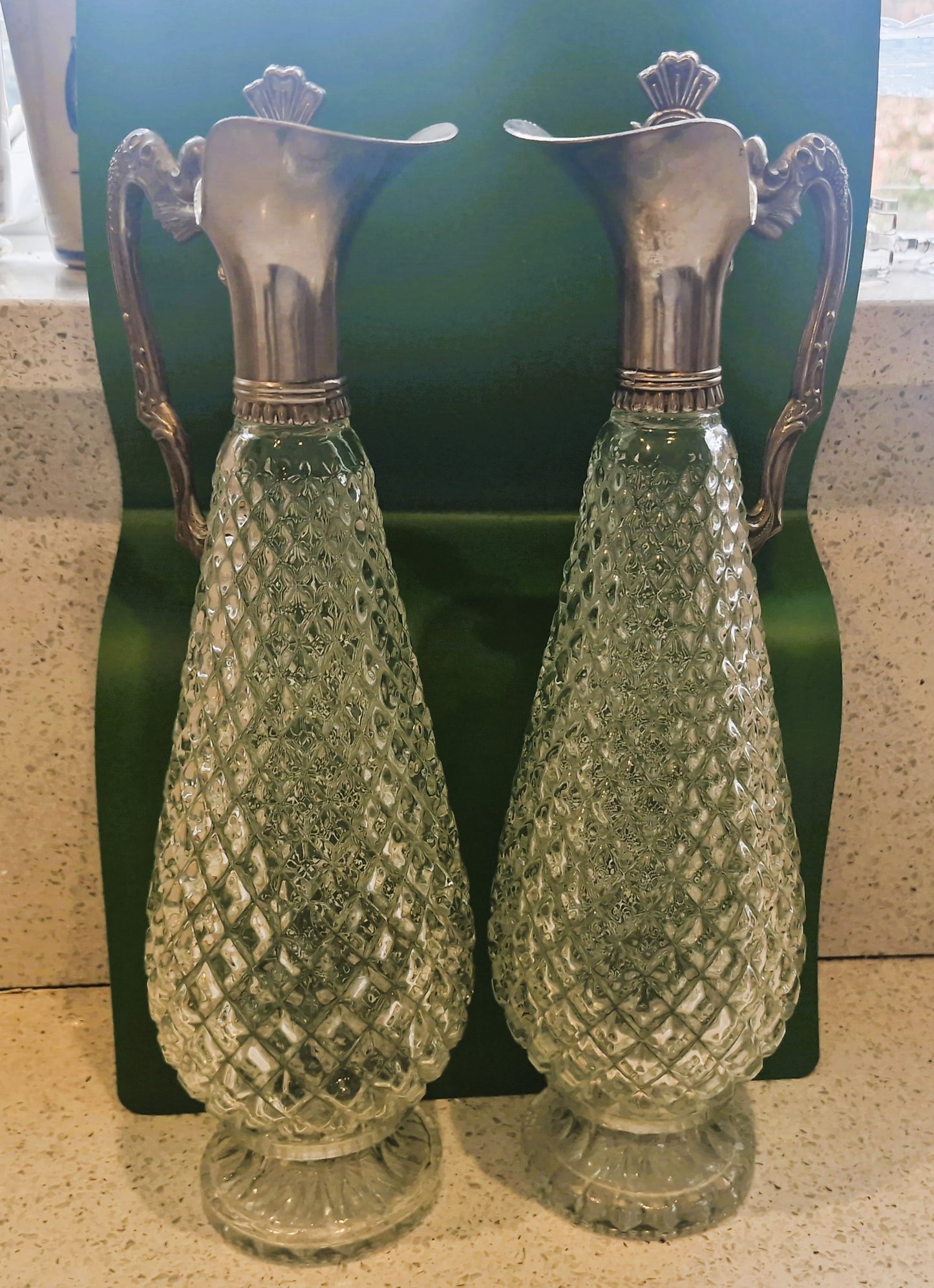 Vintage Cut Glass Wine Decanters: Art Deco Silver Pewter, Matching Pair of WIne Decanters, Italian, Vintage, Rare