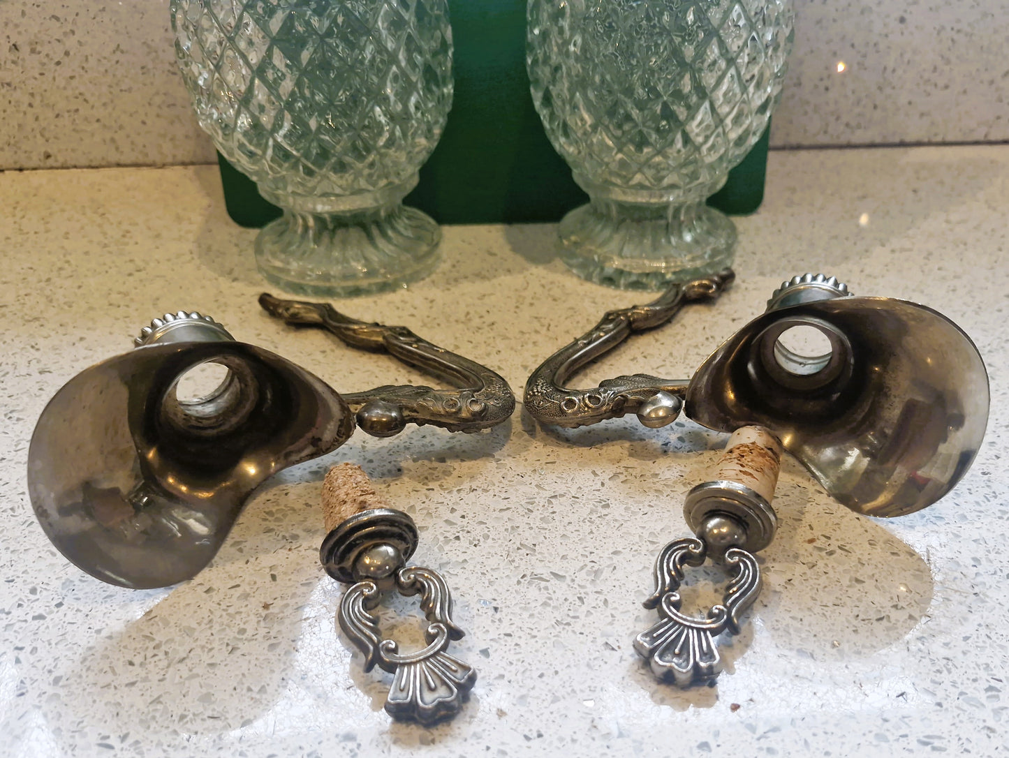 Vintage Cut Glass Wine Decanters: Art Deco Silver Pewter, Matching Pair of WIne Decanters, Italian, Vintage, Rare