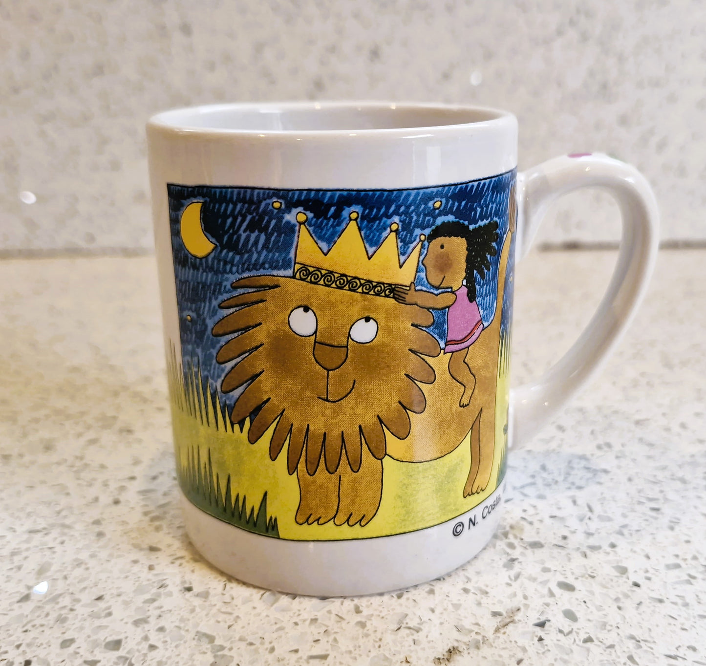 Vintage childrens mug: Lion and Girl, Unicef, N. Costa, Italy