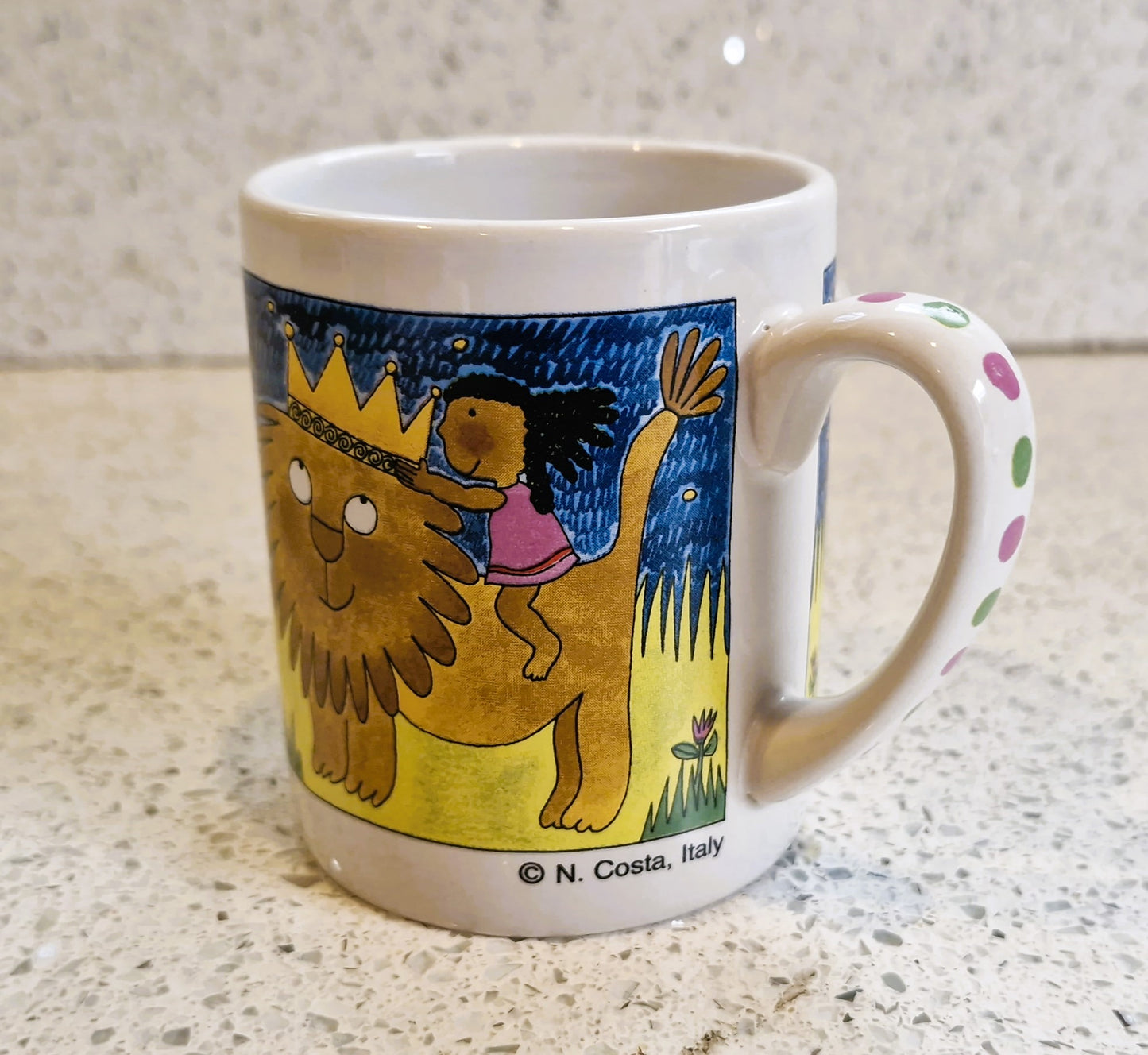 Vintage childrens mug: Lion and Girl, Unicef, N. Costa, Italy