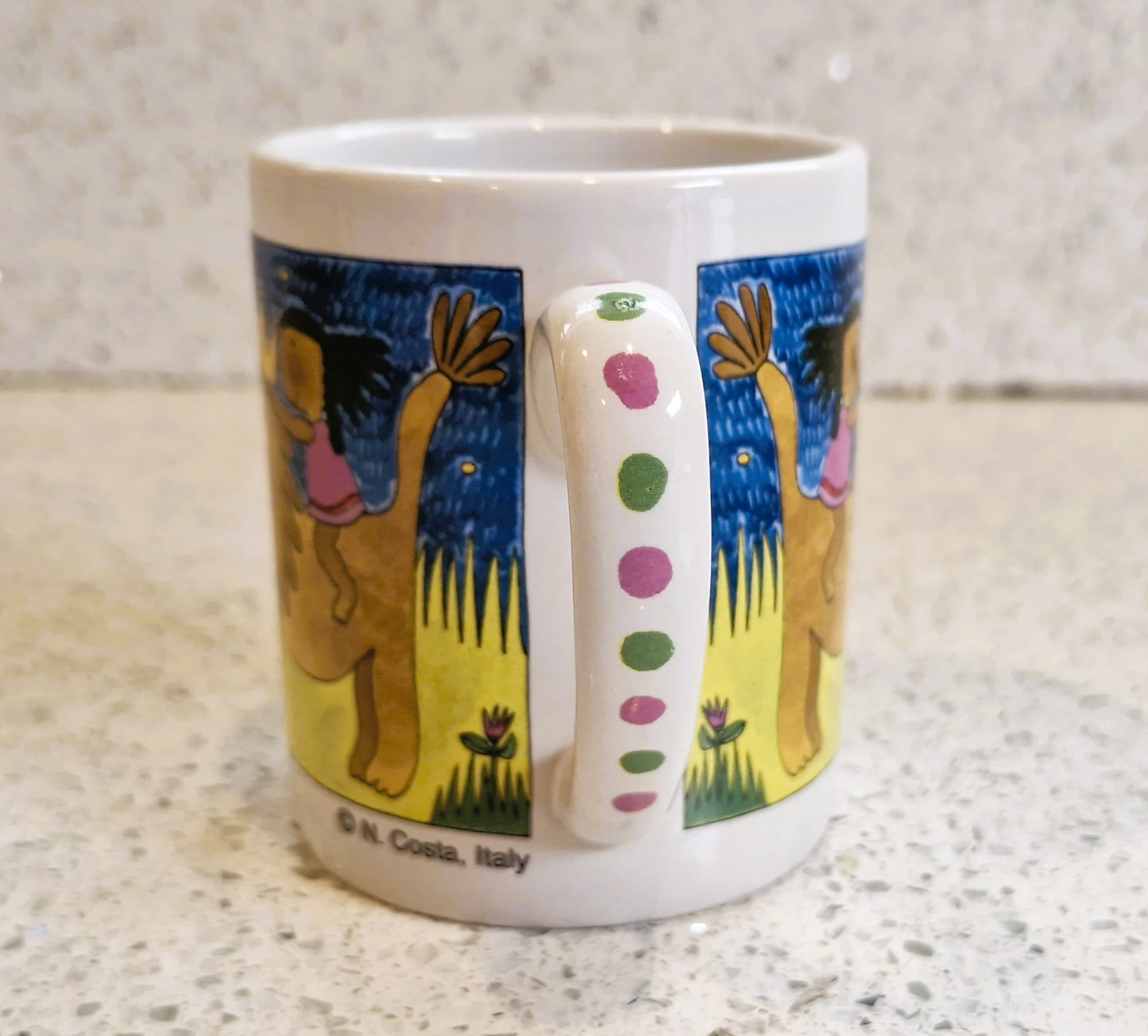 Vintage childrens mug: Lion and Girl, Unicef, N. Costa, Italy