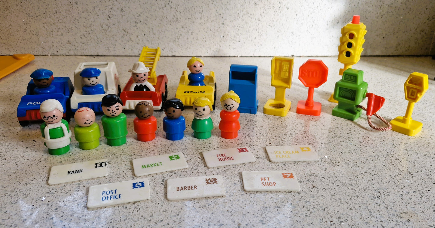 Vintage Fisher Price Main Street Set: Little People Town w/ Vehicles & Figures - BOXED