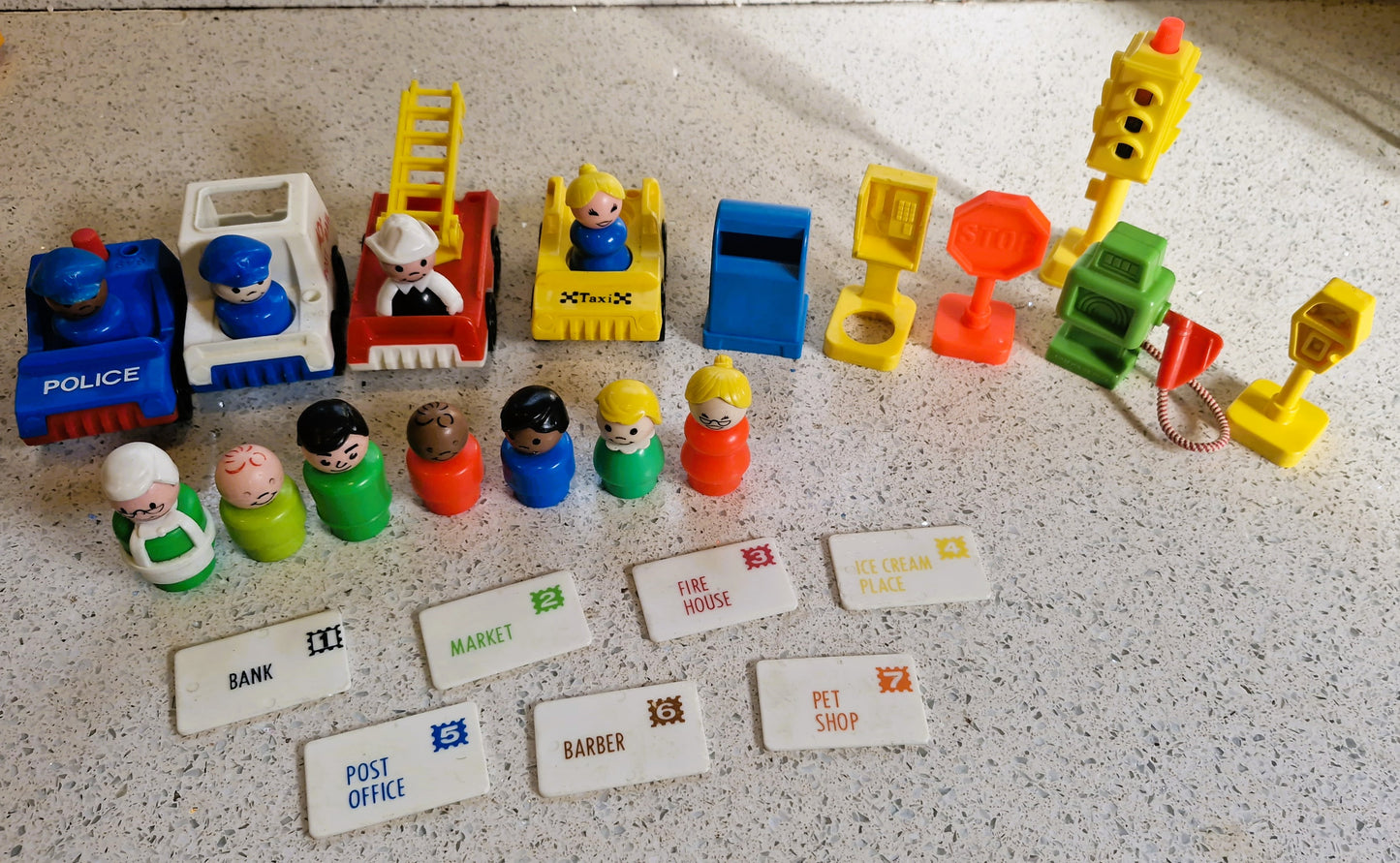 Vintage Fisher Price Main Street Set: Little People Town w/ Vehicles & Figures - BOXED