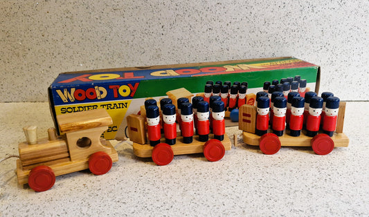 Vintage Wooden Train with wooden soldiers, Queens Guard, Pull along, Very good condition, original Packaging, circa 1986