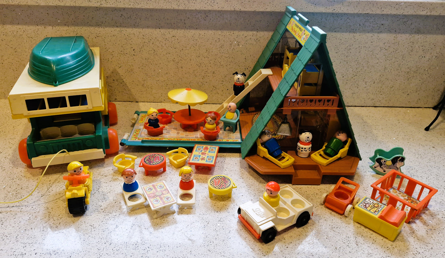 Fisher-Price Play Family A frame House,  Fisher-Price Play Family Camper Van, Complete, Vintage Fisher Price Toys, 70s Fisher Price Little People