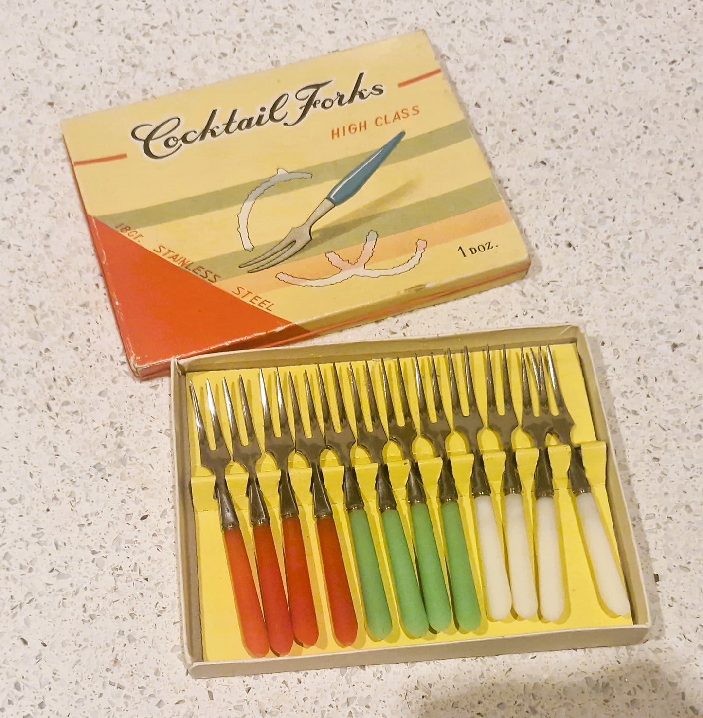 Pickle Forks, Boxed, 60s, 12 Little Forks, Coloured, Plastic Handles, Cocktail Forks. Party Forks, mini forks,  Cutlery