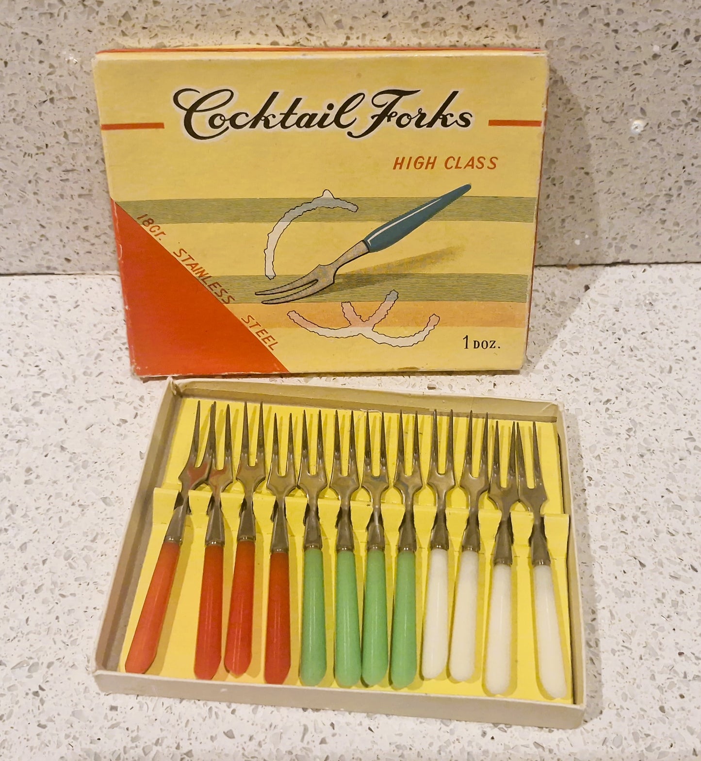 Pickle Forks, Boxed, 60s, 12 Little Forks, Coloured, Plastic Handles, Cocktail Forks. Party Forks, mini forks,  Cutlery