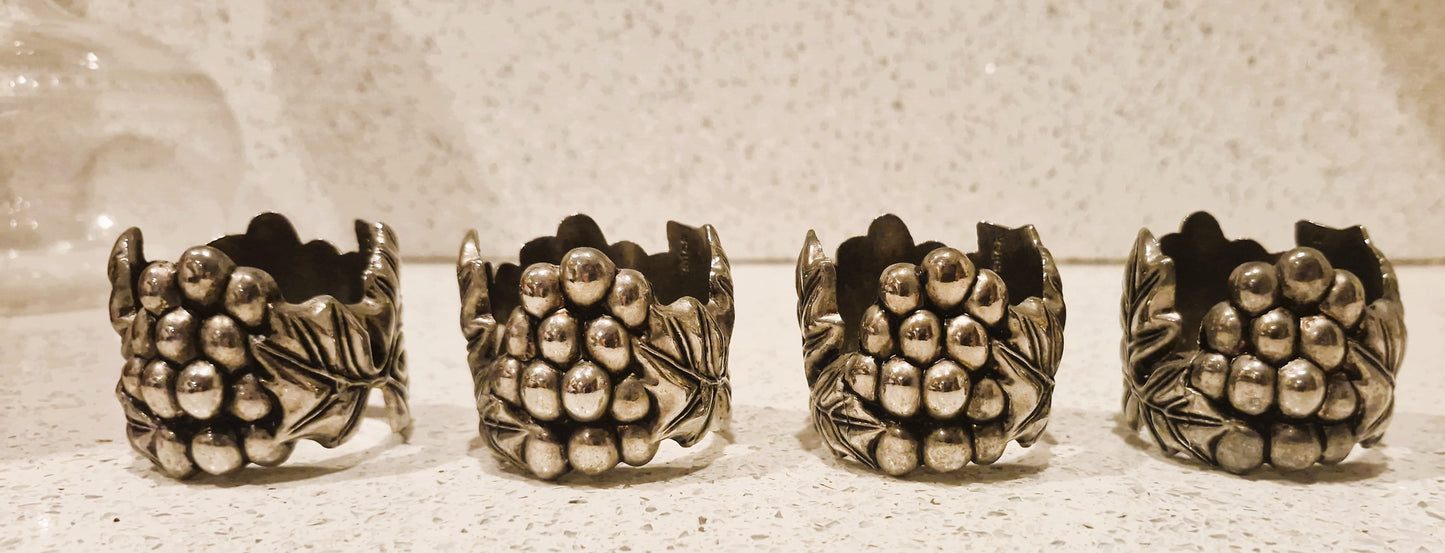 SILEA silver plated Grape Vine Napkin rings: Set of 4, Silver Plated Napkin Rings, Vintage