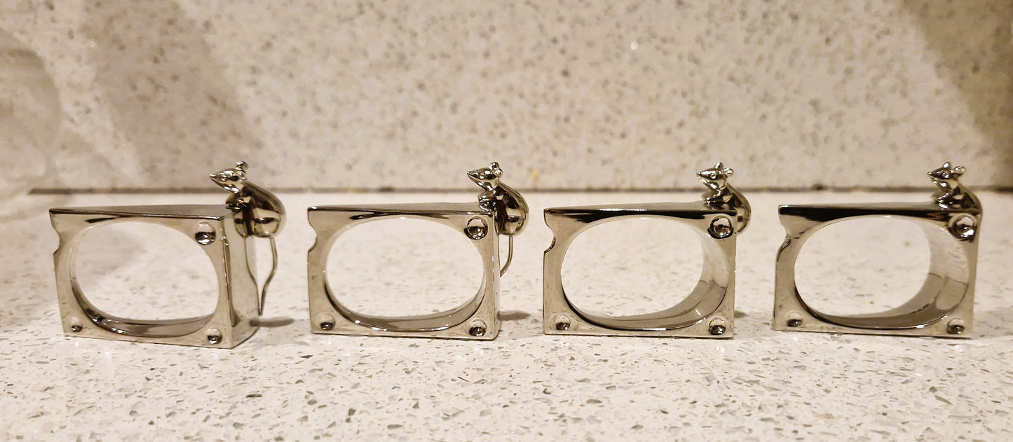SILEA silver plated Mice on Cheese Napkin rings: Set of 4, Silver Plated Napkin Rings, Vintage
