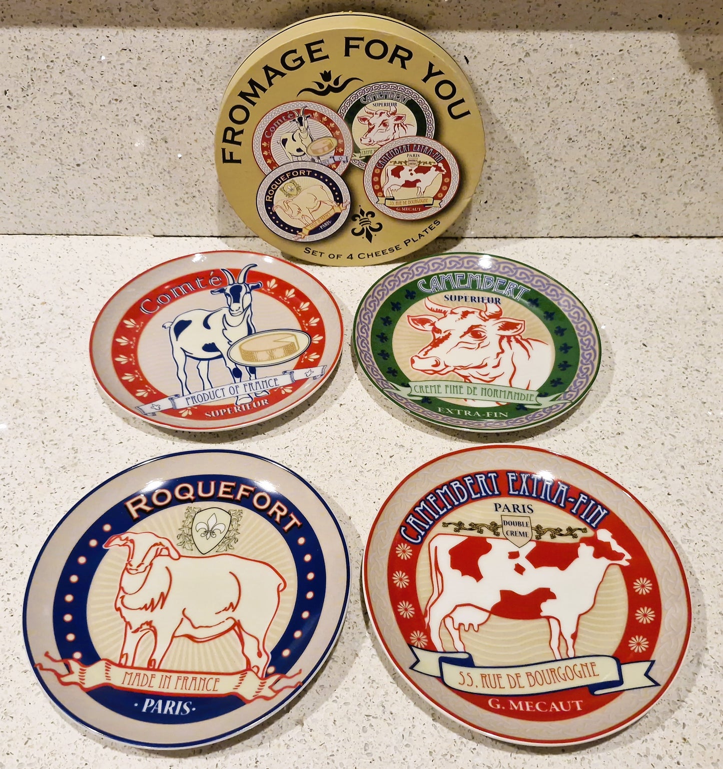 Vintage Cheese Plates, Camembert, comte, Roquefort, Fromage for you, Boxed set