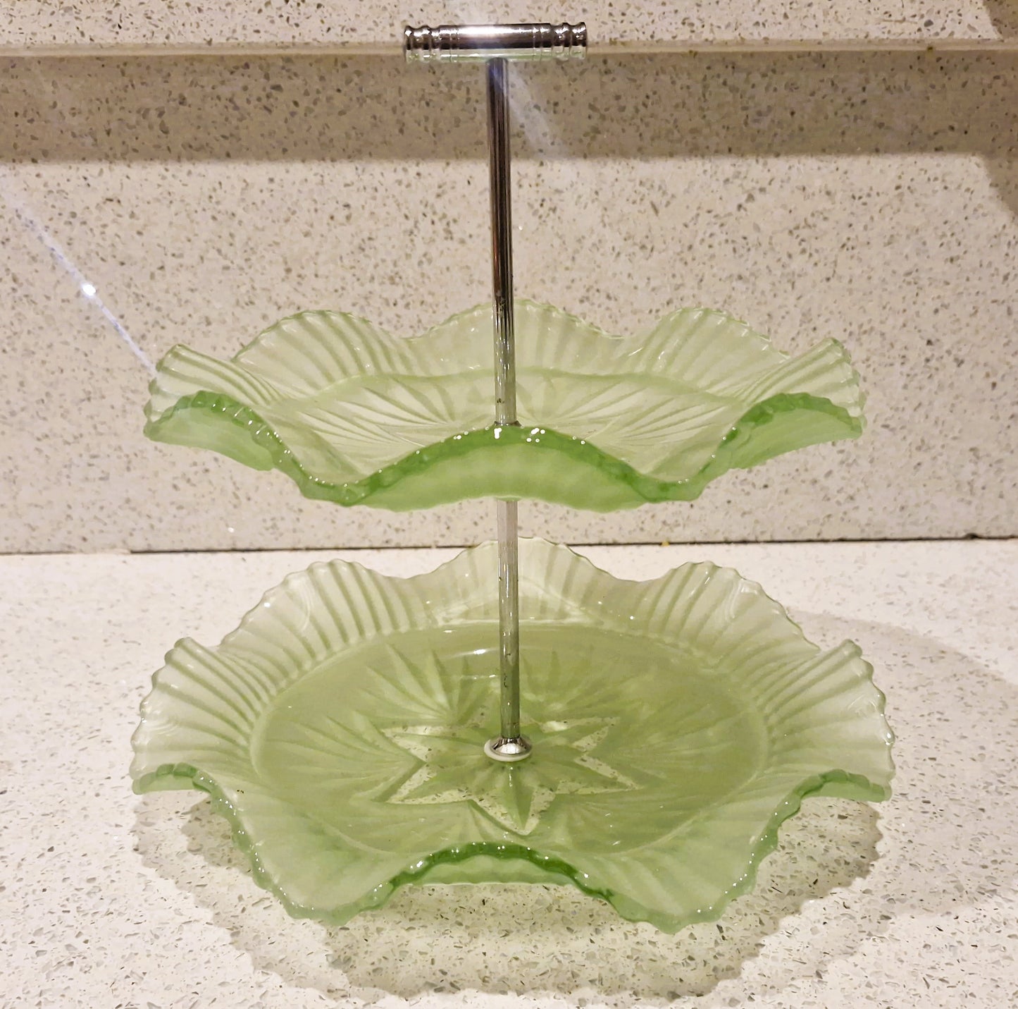 Vintage Art Deco Green Glass Cake Stand: Ruffled Edge, Shell Design, 2 Tier, Art Deco Green Glass