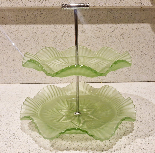 Vintage Art Deco Green Glass Cake Stand: Ruffled Edge, Shell Design, 2 Tier, Art Deco Green Glass