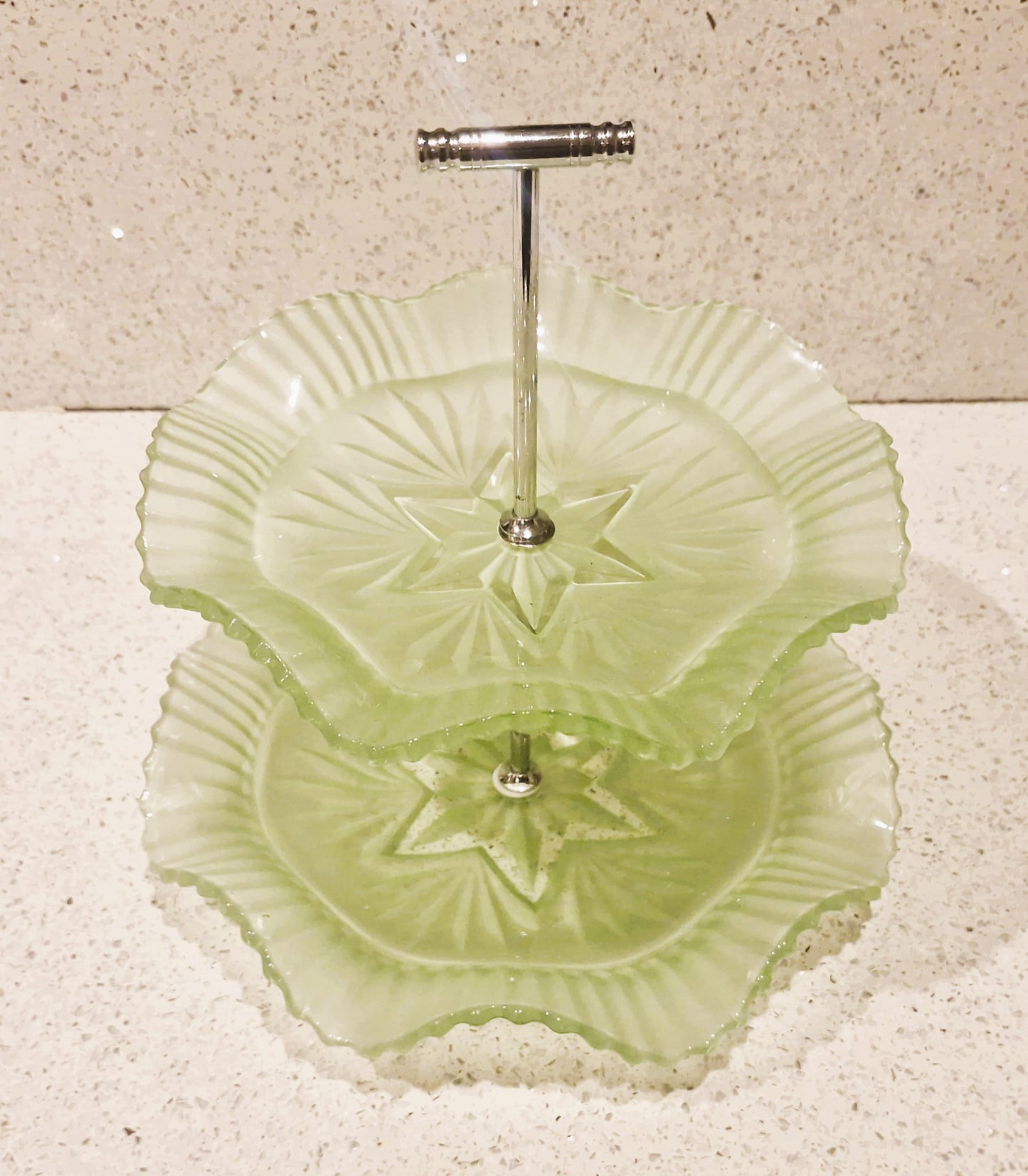 Vintage Art Deco Green Glass Cake Stand: Ruffled Edge, Shell Design, 2 Tier, Art Deco Green Glass