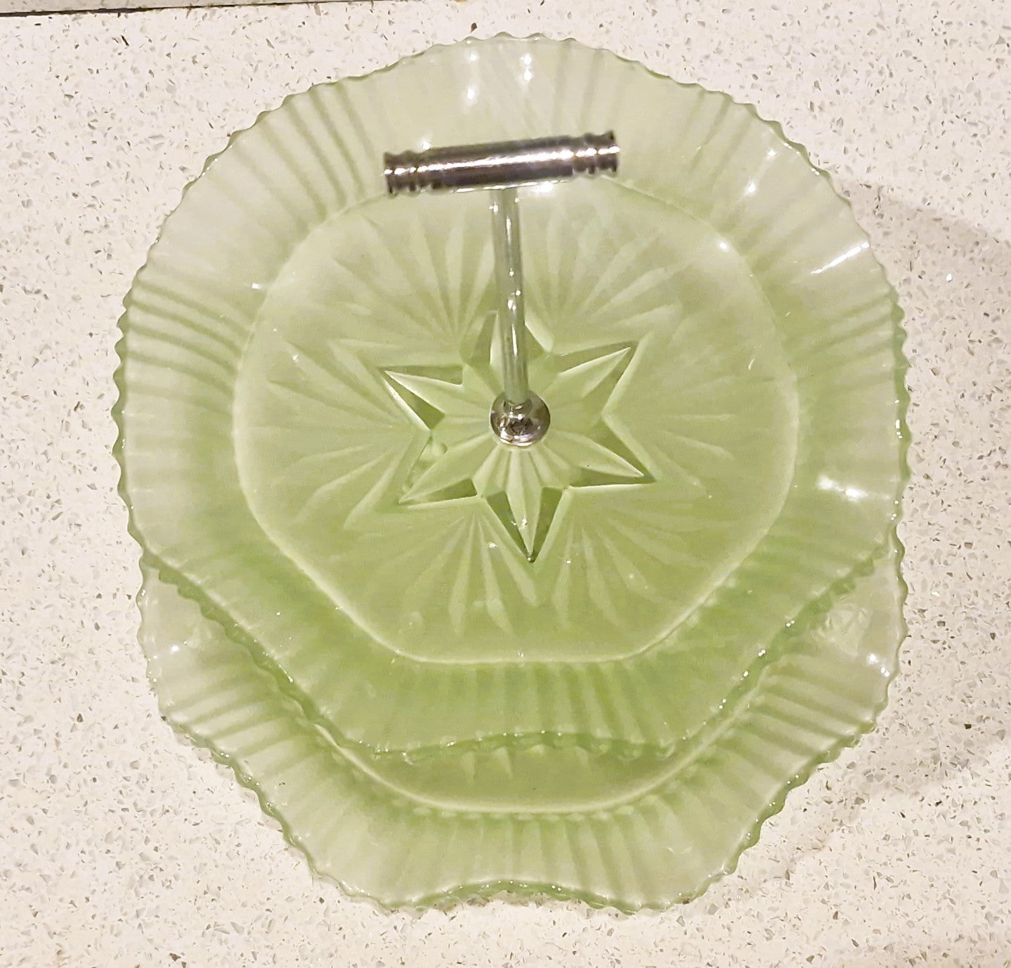 Vintage Art Deco Green Glass Cake Stand: Ruffled Edge, Shell Design, 2 Tier, Art Deco Green Glass