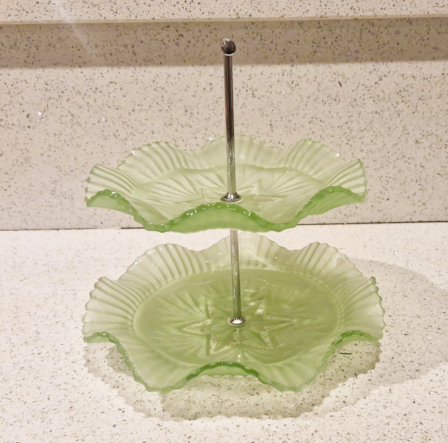 Vintage Art Deco Green Glass Cake Stand: Ruffled Edge, Shell Design, 2 Tier, Art Deco Green Glass