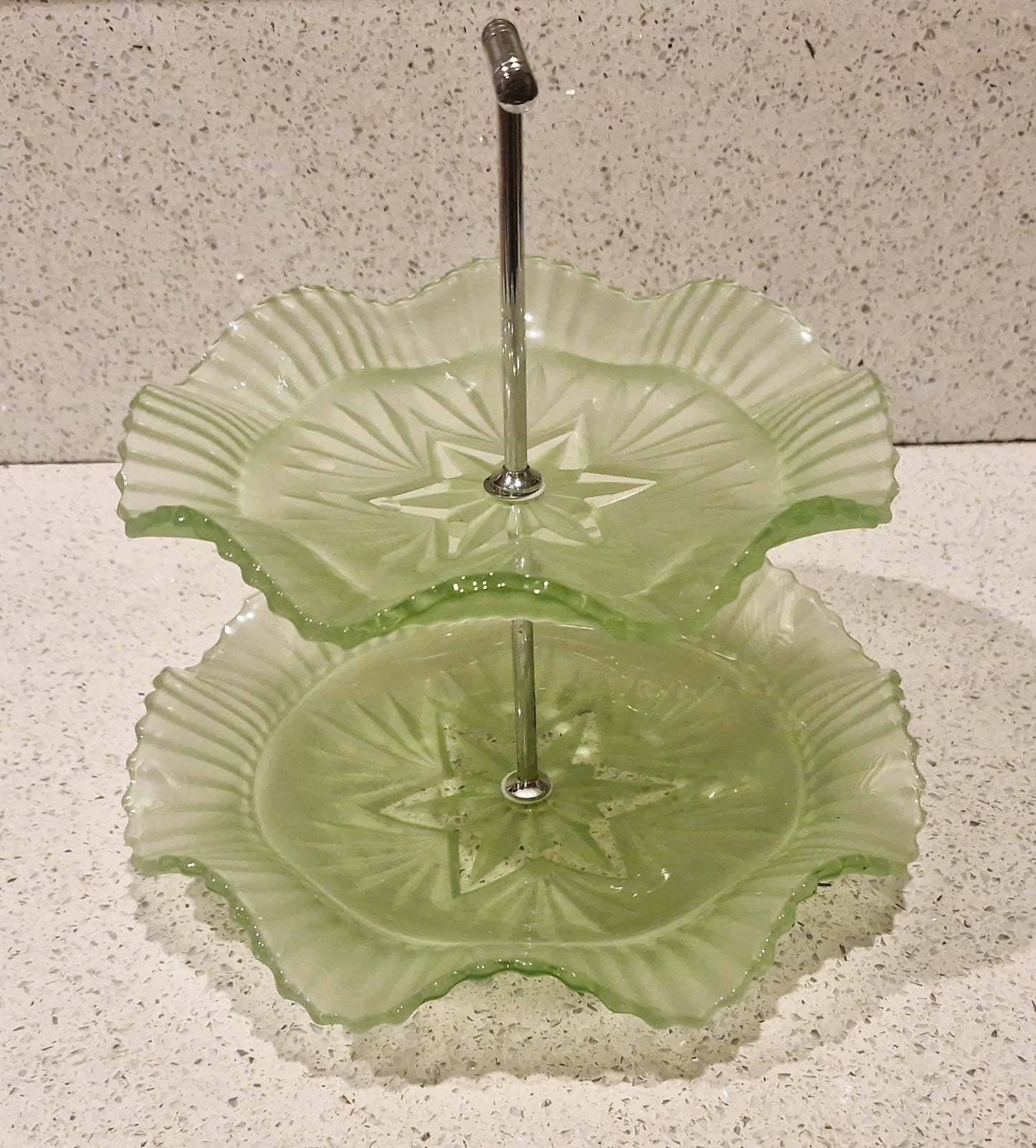 Vintage Art Deco Green Glass Cake Stand: Ruffled Edge, Shell Design, 2 Tier, Art Deco Green Glass