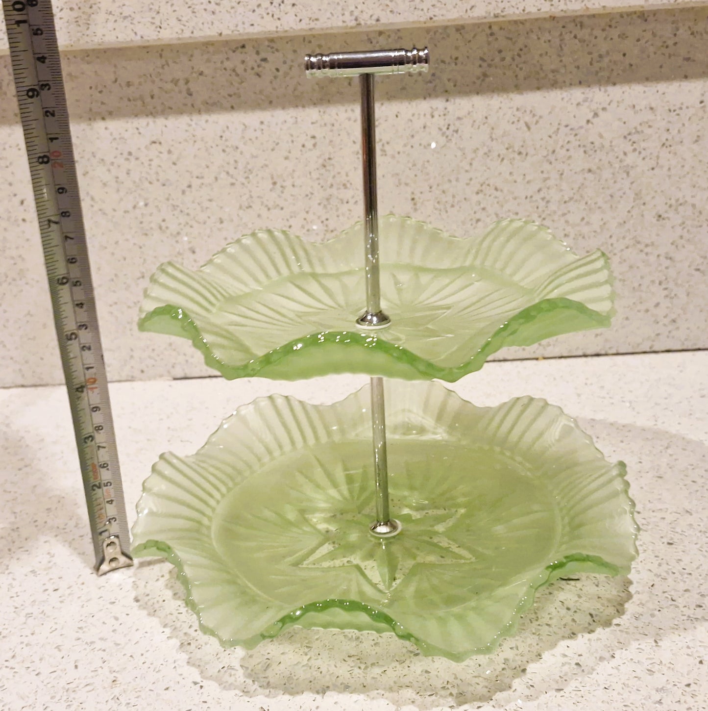 Vintage Art Deco Green Glass Cake Stand: Ruffled Edge, Shell Design, 2 Tier, Art Deco Green Glass