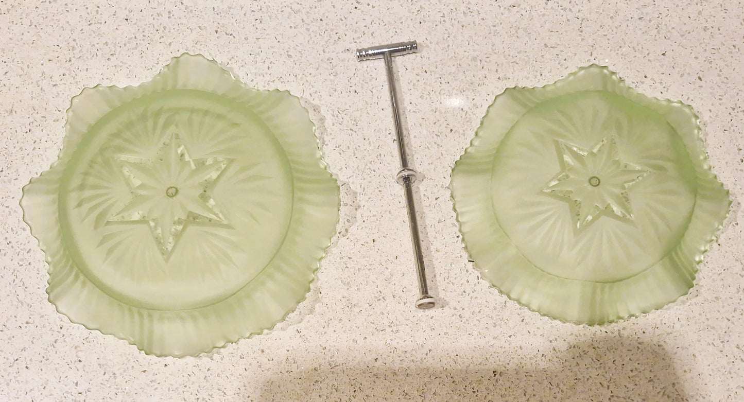 Vintage Art Deco Green Glass Cake Stand: Ruffled Edge, Shell Design, 2 Tier, Art Deco Green Glass