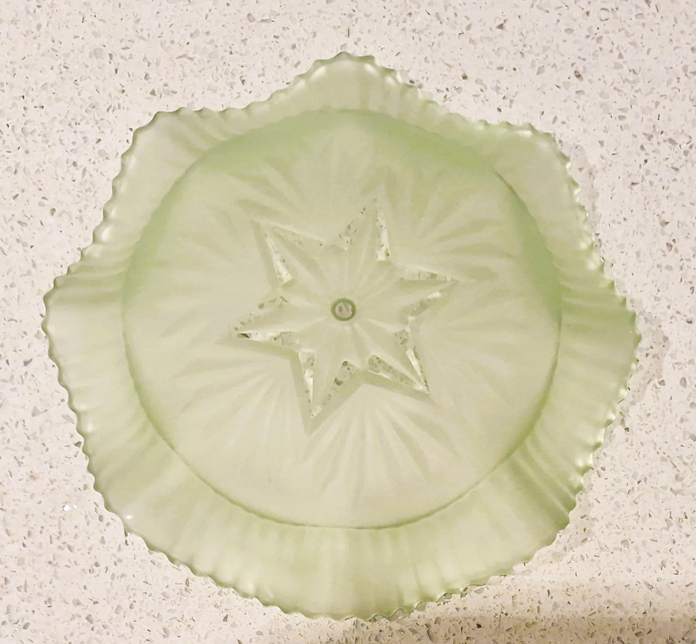 Vintage Art Deco Green Glass Cake Stand: Ruffled Edge, Shell Design, 2 Tier, Art Deco Green Glass