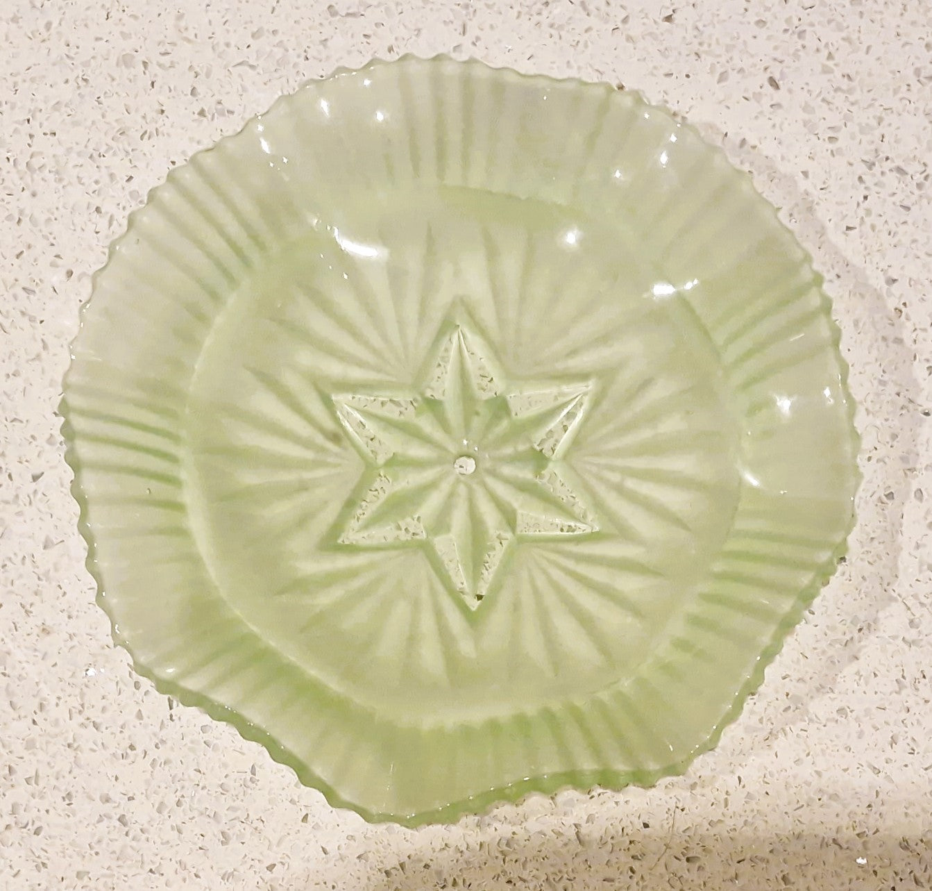 Vintage Art Deco Green Glass Cake Stand: Ruffled Edge, Shell Design, 2 Tier, Art Deco Green Glass