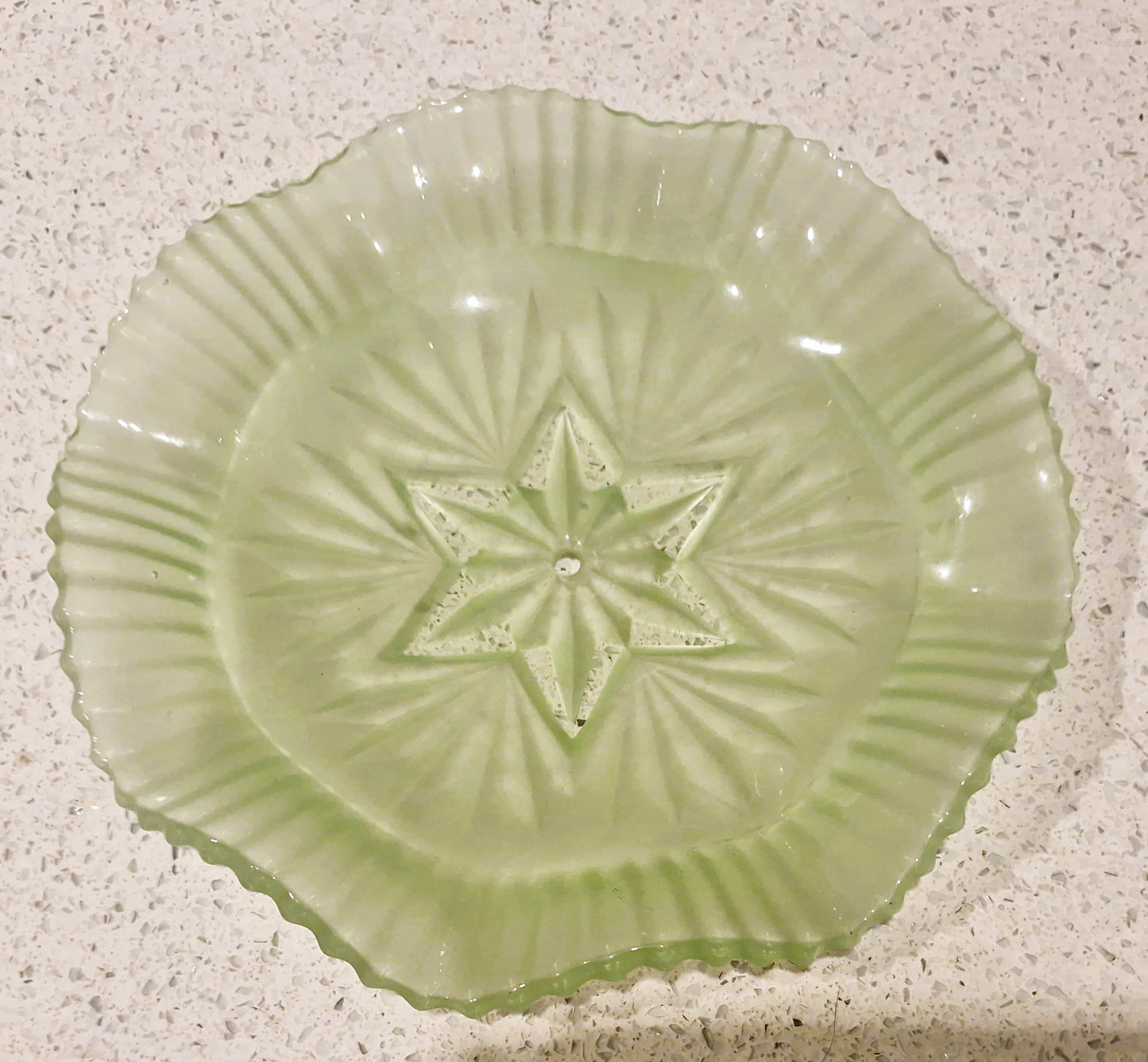 Vintage Art Deco Green Glass Cake Stand: Ruffled Edge, Shell Design, 2 Tier, Art Deco Green Glass