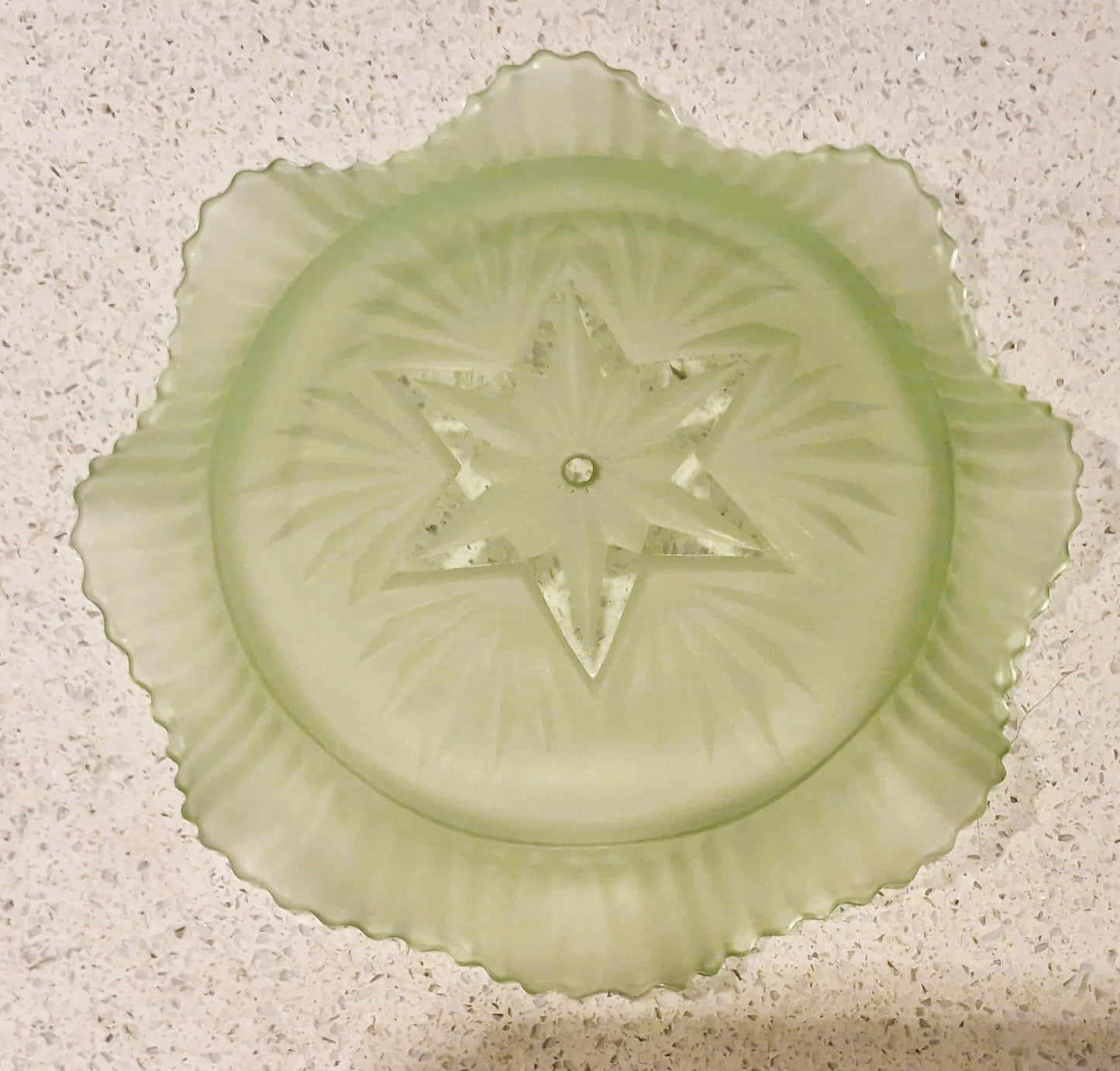 Vintage Art Deco Green Glass Cake Stand: Ruffled Edge, Shell Design, 2 Tier, Art Deco Green Glass