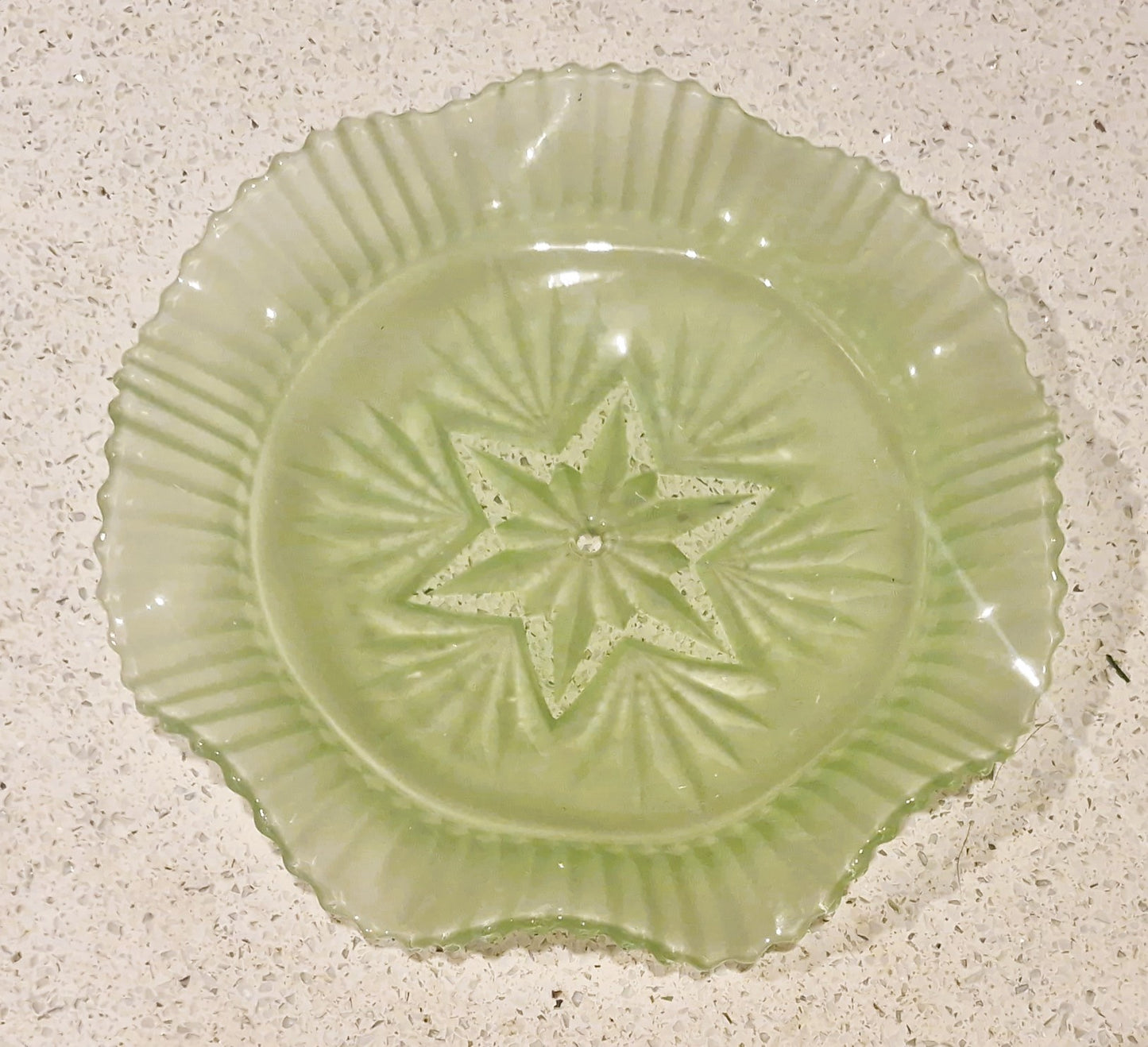 Vintage Art Deco Green Glass Cake Stand: Ruffled Edge, Shell Design, 2 Tier, Art Deco Green Glass