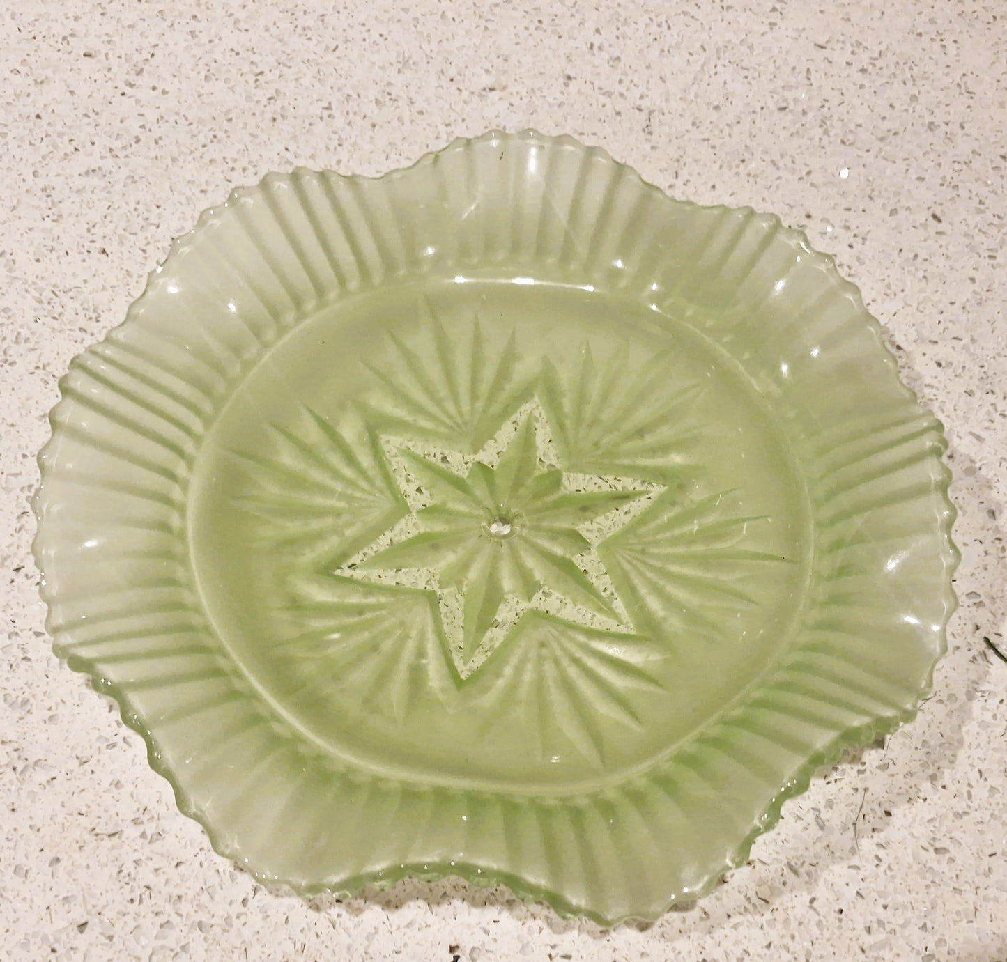 Vintage Art Deco Green Glass Cake Stand: Ruffled Edge, Shell Design, 2 Tier, Art Deco Green Glass