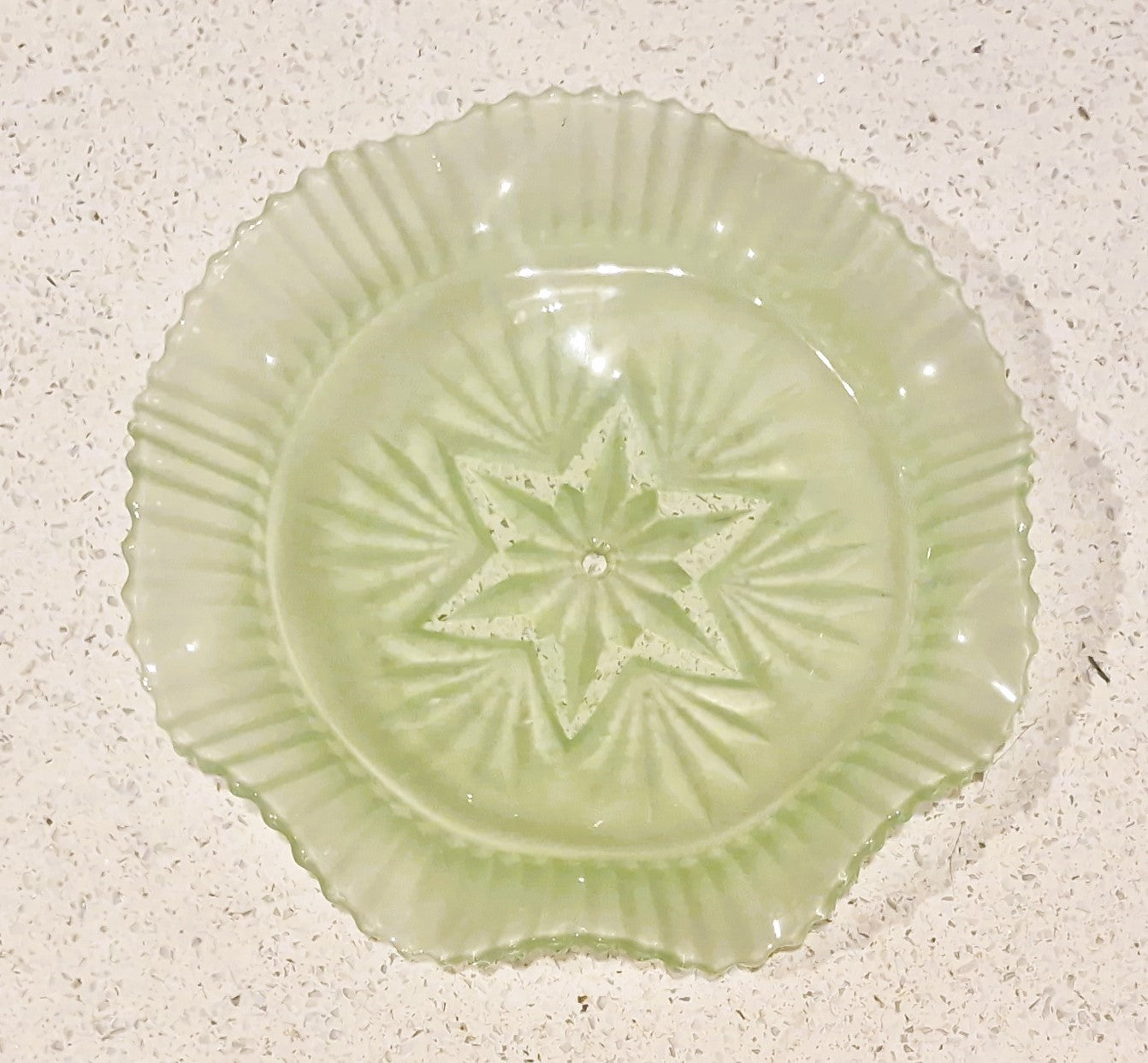 Vintage Art Deco Green Glass Cake Stand: Ruffled Edge, Shell Design, 2 Tier, Art Deco Green Glass