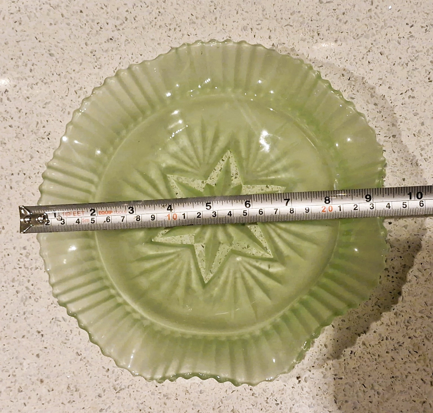 Vintage Art Deco Green Glass Cake Stand: Ruffled Edge, Shell Design, 2 Tier, Art Deco Green Glass