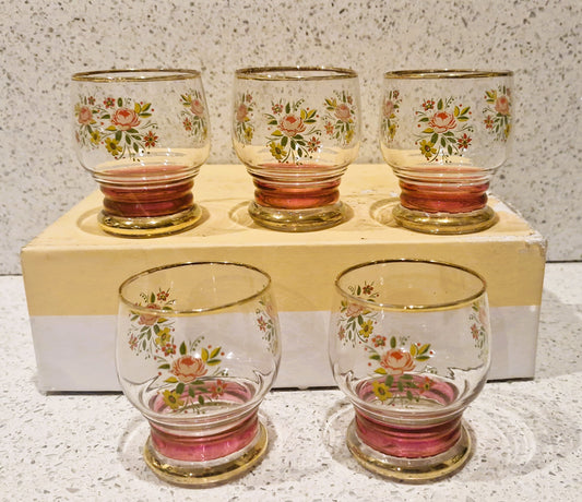 Vintage Floral Juice Glasses - Gold Rimmed Cottagecore Set of 5
