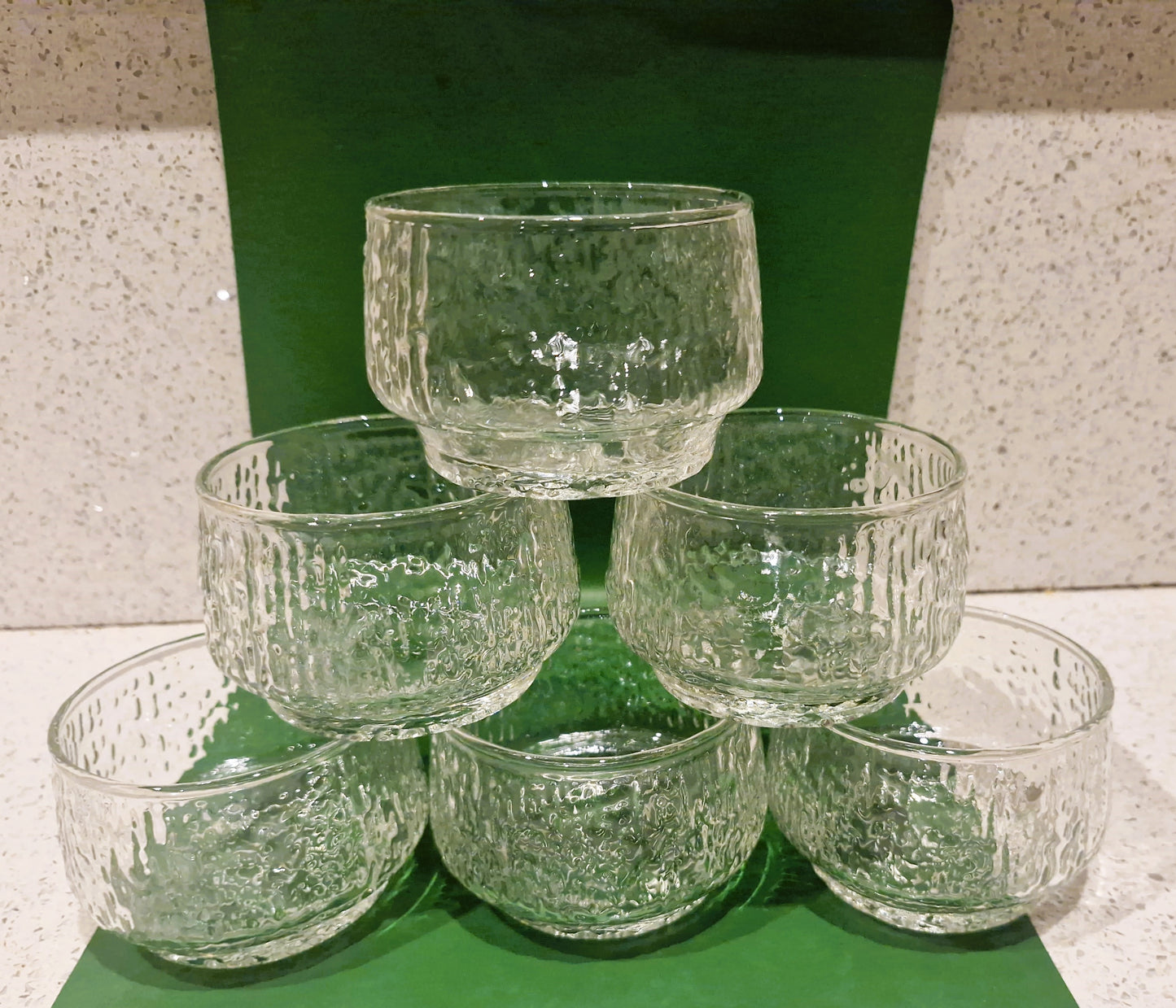 70s Glass Dessert Bowl Set, Textured Glass, Siesta Ravenhead Sundae Dishes, Iittala Style