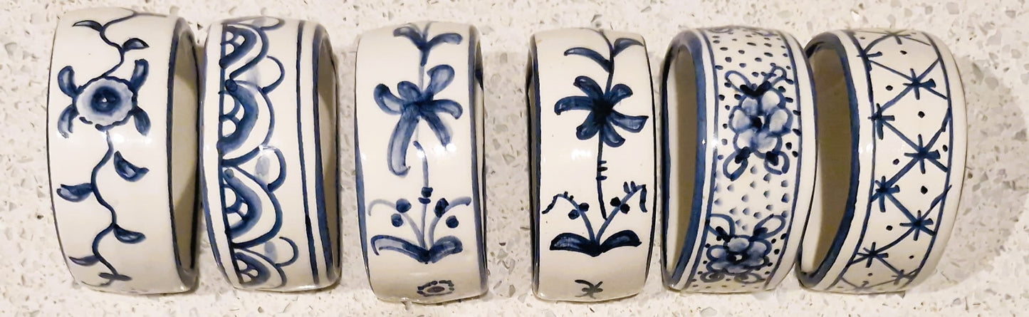 Vintage Williams Sonoma Ceramic Napkin Rings: Blue Floral Hand-Painted