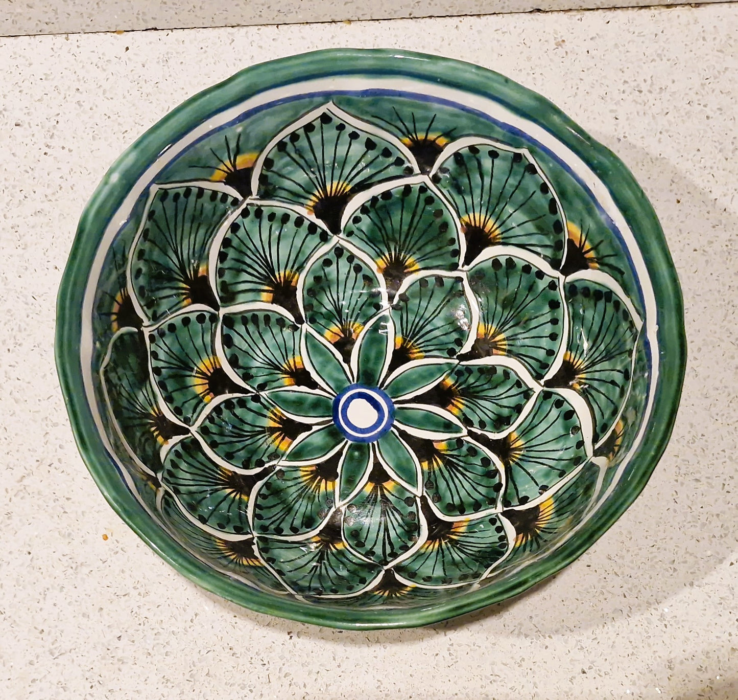Vintage Mexican Talavera Serving Bowl: Large Peacock Design Bowl, Grren, Lead Free