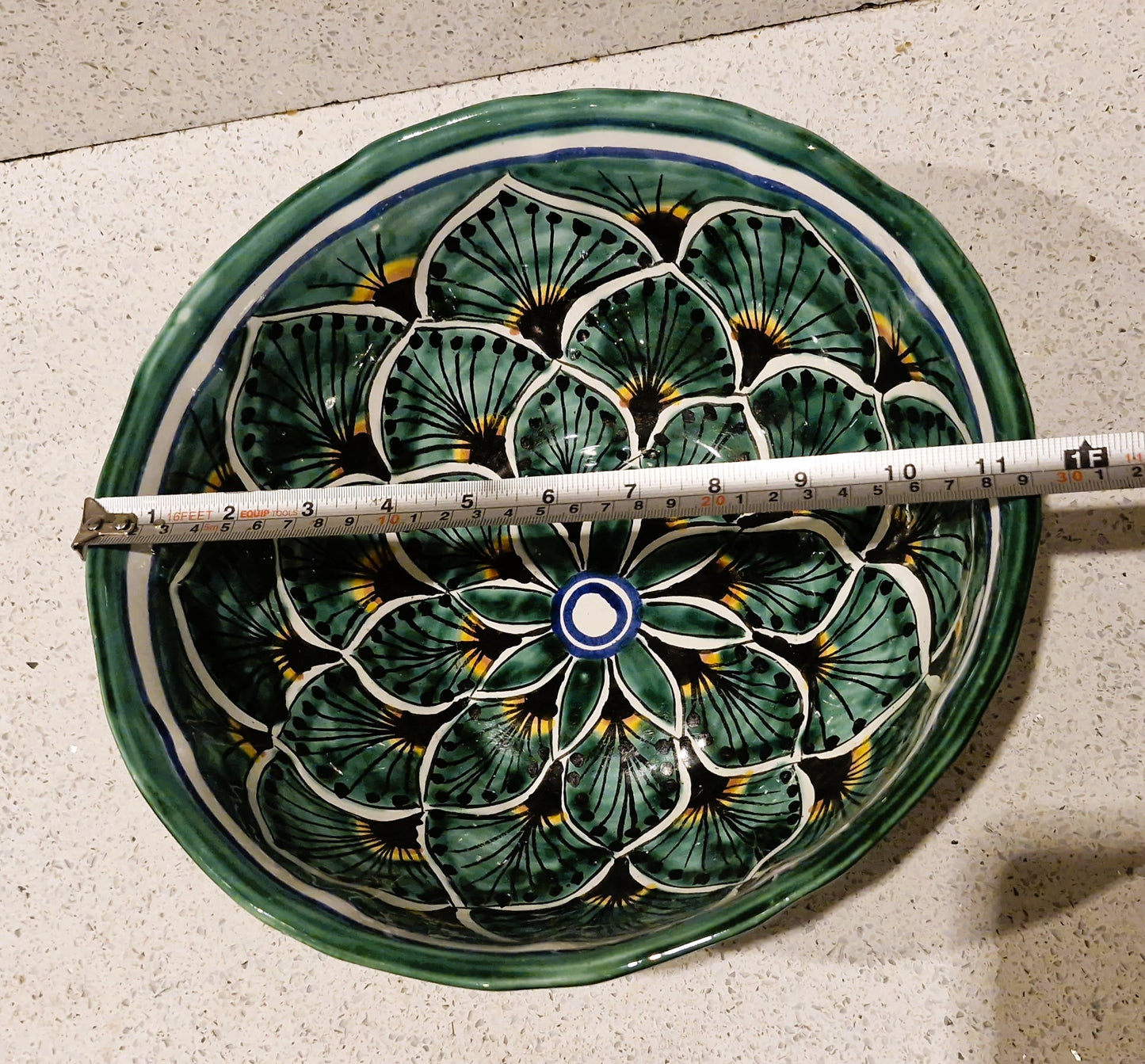 Vintage Mexican Talavera Serving Bowl: Large Peacock Design Bowl, Grren, Lead Free