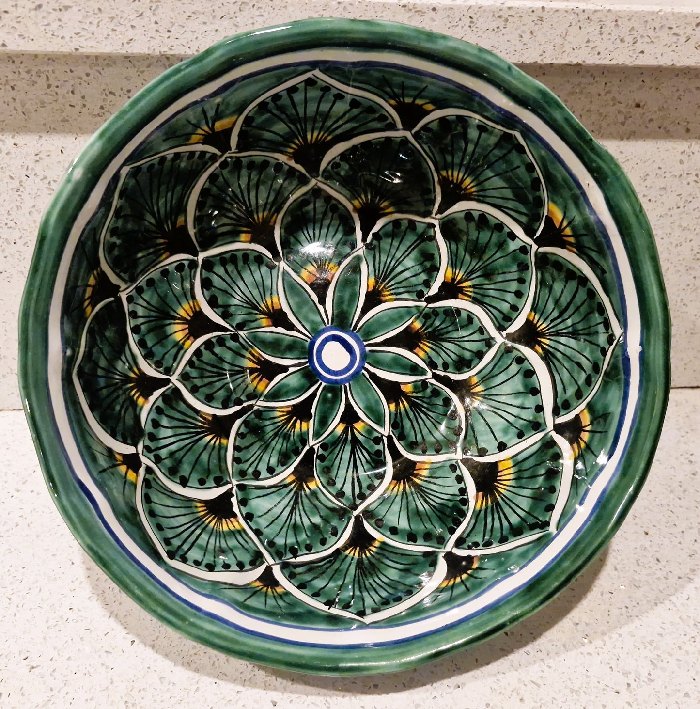 Vintage Mexican Talavera Serving Bowl: Large Peacock Design Bowl, Grren, Lead Free