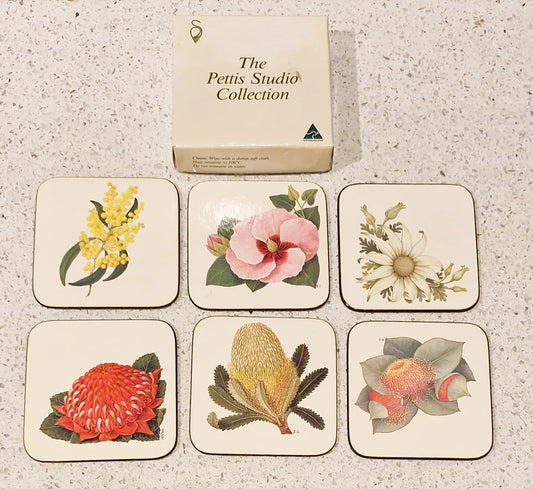 Vintage Australian Floral Coasters, Pettis Studio, Original Box, Australian Flowers, Botanical, Australian Plants