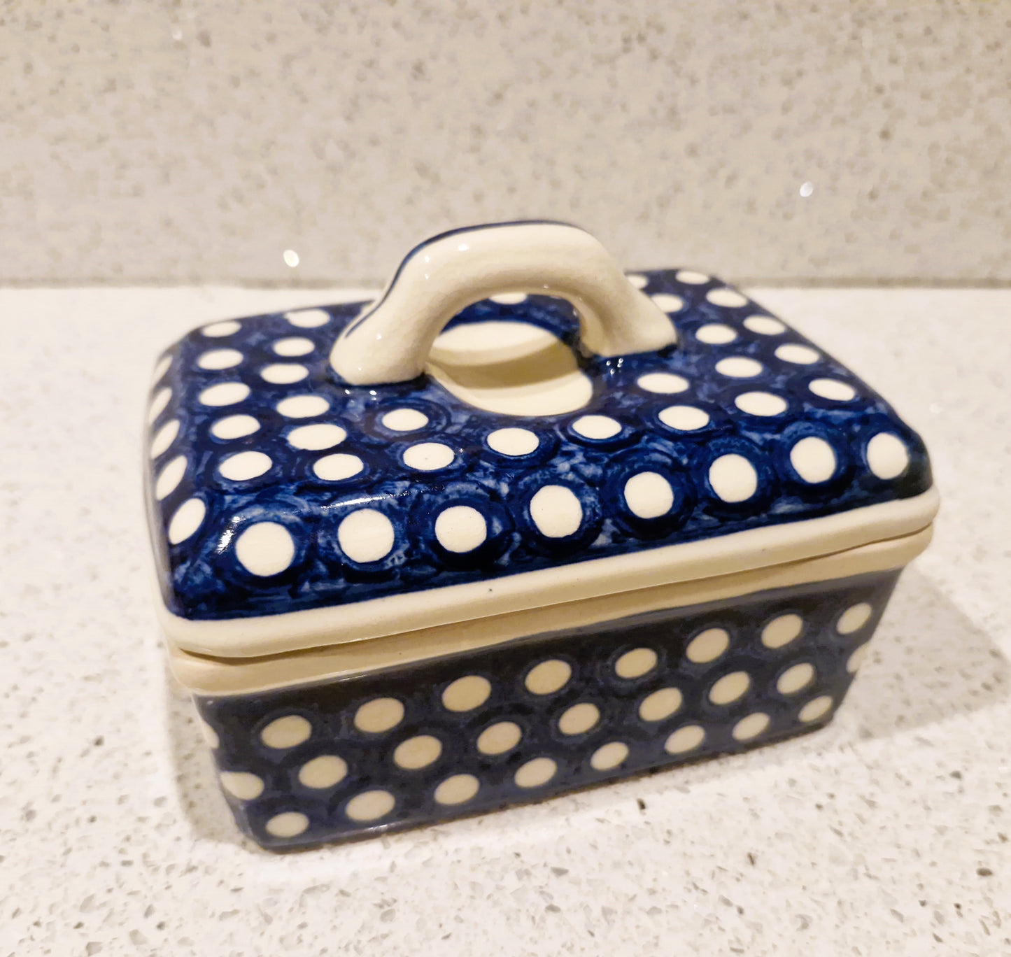 Vintage, Blue Spotted Butter Dish, Original Bunzlau Polish pottery, Bunzlau, Polish Pottery