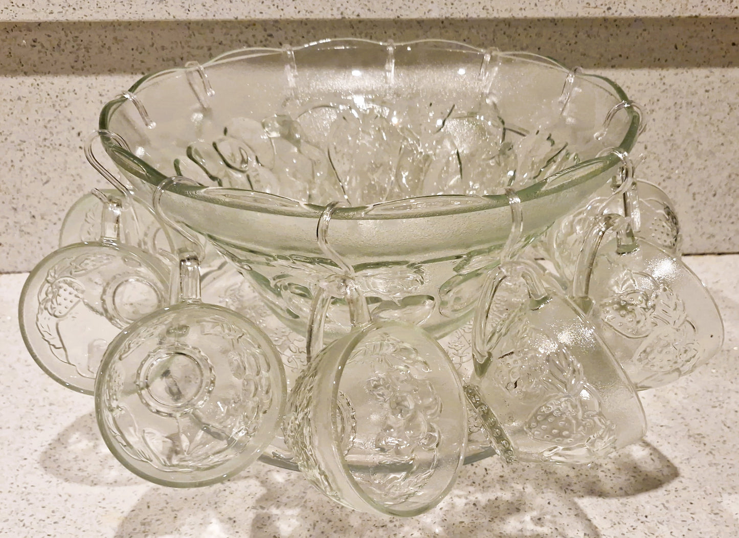 Vintage Pressed Glass Punch Bowl Set: 12 Glasses, Mid-Century Cocktail Party, Christmas Party